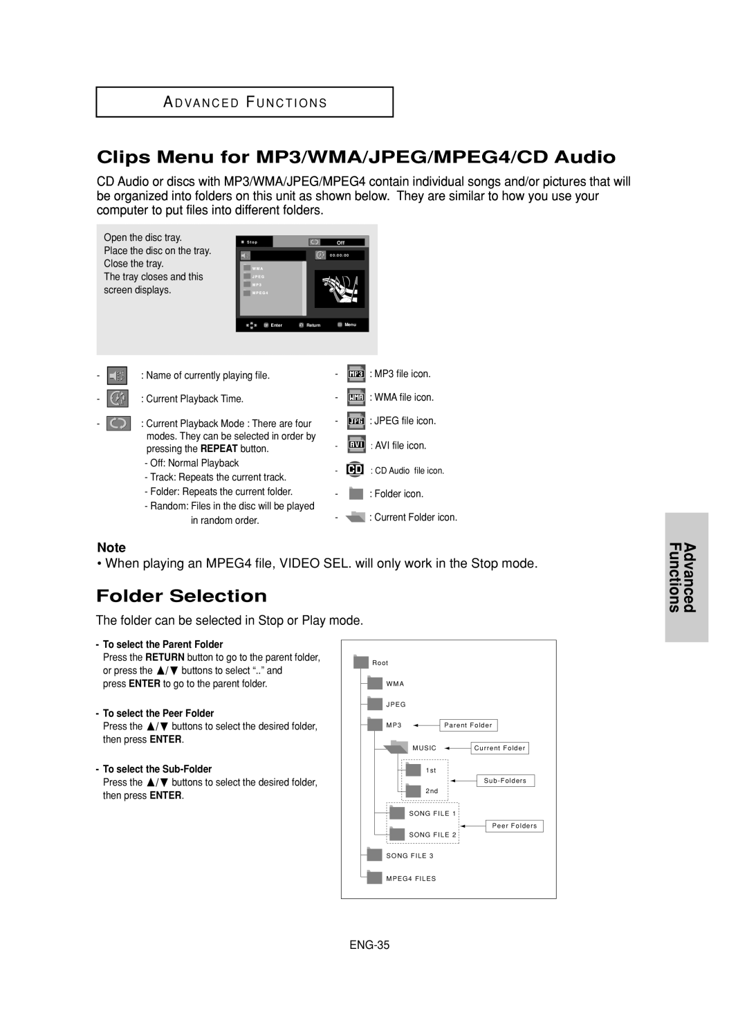 Samsung DVD-F1080, DVD-FP580 manual Clips Menu for MP3/WMA/JPEG/MPEG4/CD Audio, Folder Selection, Advanced Functions, ENG-35 