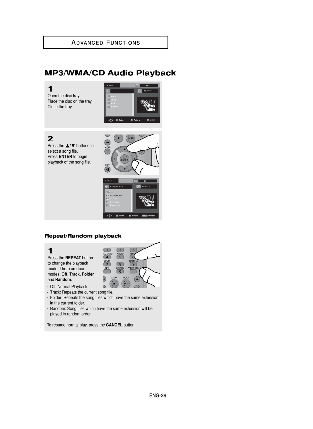 Samsung DVD-FP580, DVD-F1080 MP3/WMA/CD Audio Playback, A D Va N C E D F U N C T I O N S, Repeat/Random playback, ENG-36 