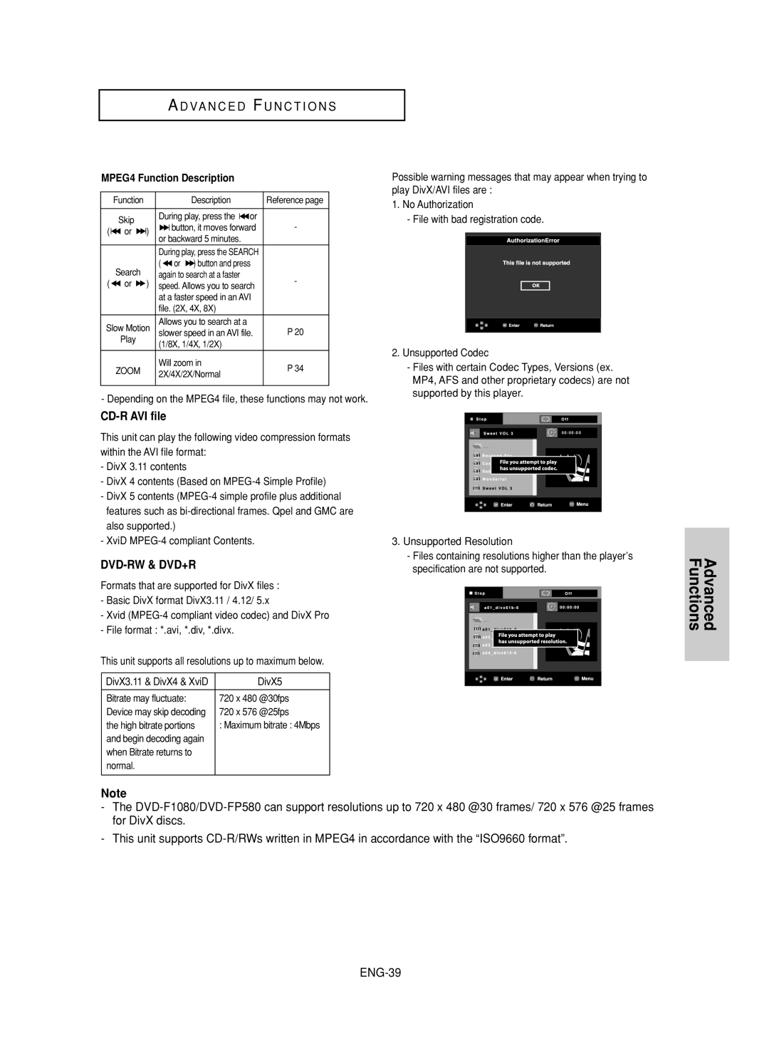 Samsung DVD-F1080, DVD-FP580 Advanced Functions, A D Va N C E D F U N C T I O N S, CD-R AVI file, Dvd-Rw & Dvd+R, ENG-39 