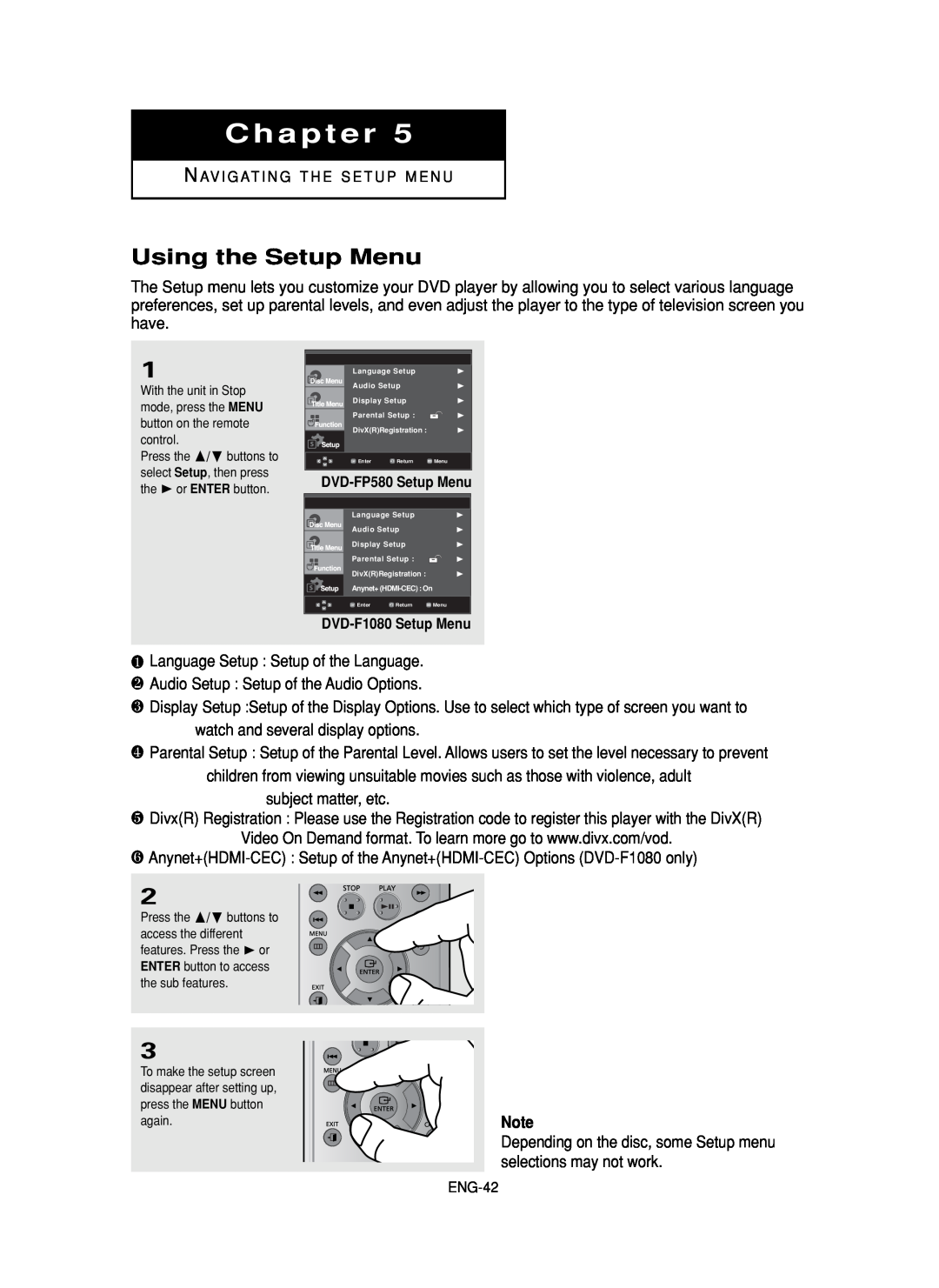 Samsung DVD-FP580, DVD-F1080 manual Using the Setup Menu, Chapter 