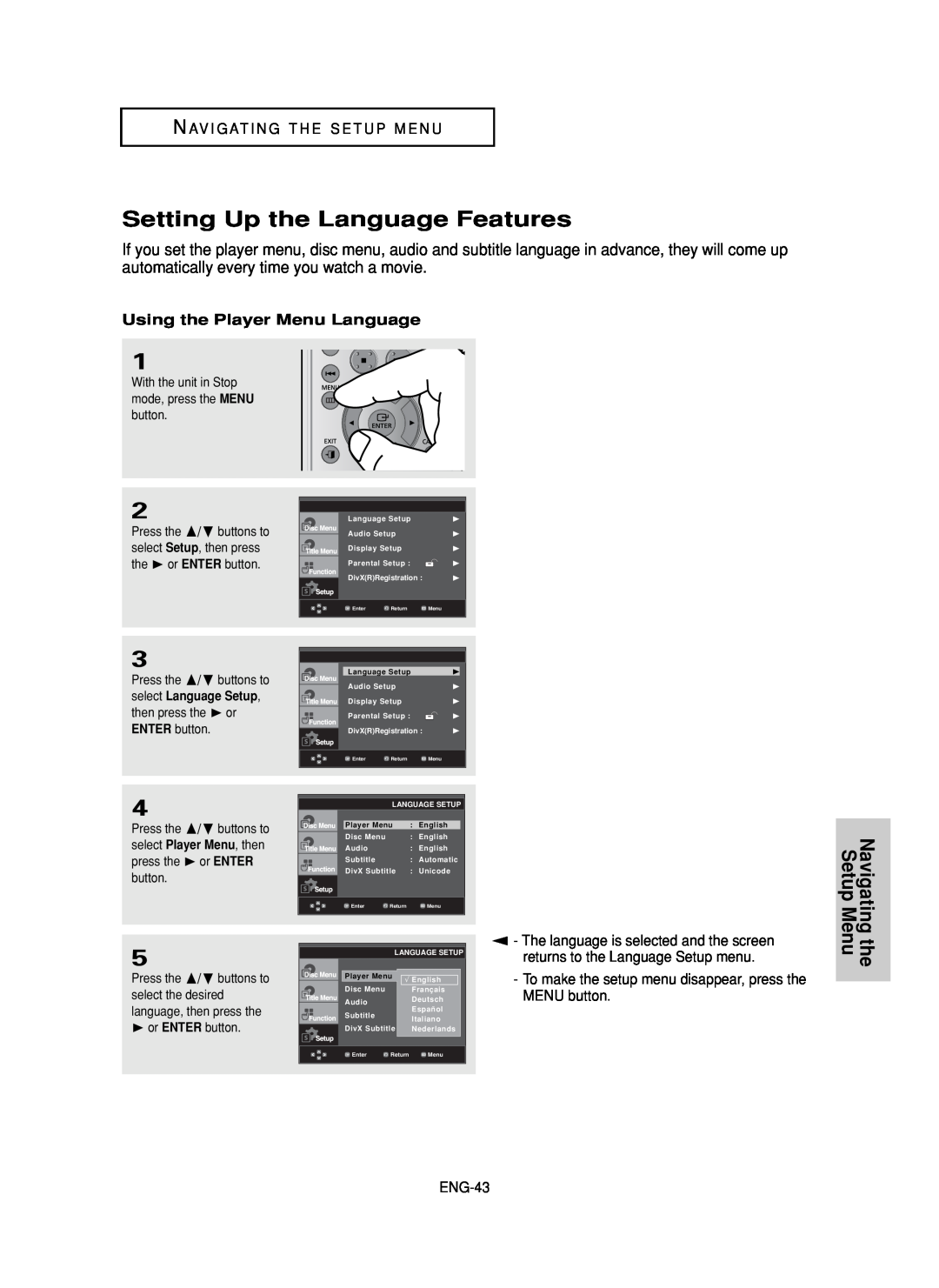 Samsung DVD-F1080 Setting Up the Language Features, Navigating the Setup Menu, N Av I G At I N G T H E S E T U P M E N U 