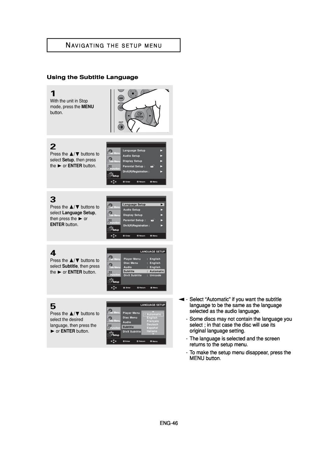 Samsung DVD-FP580, DVD-F1080 manual Using the Subtitle Language 