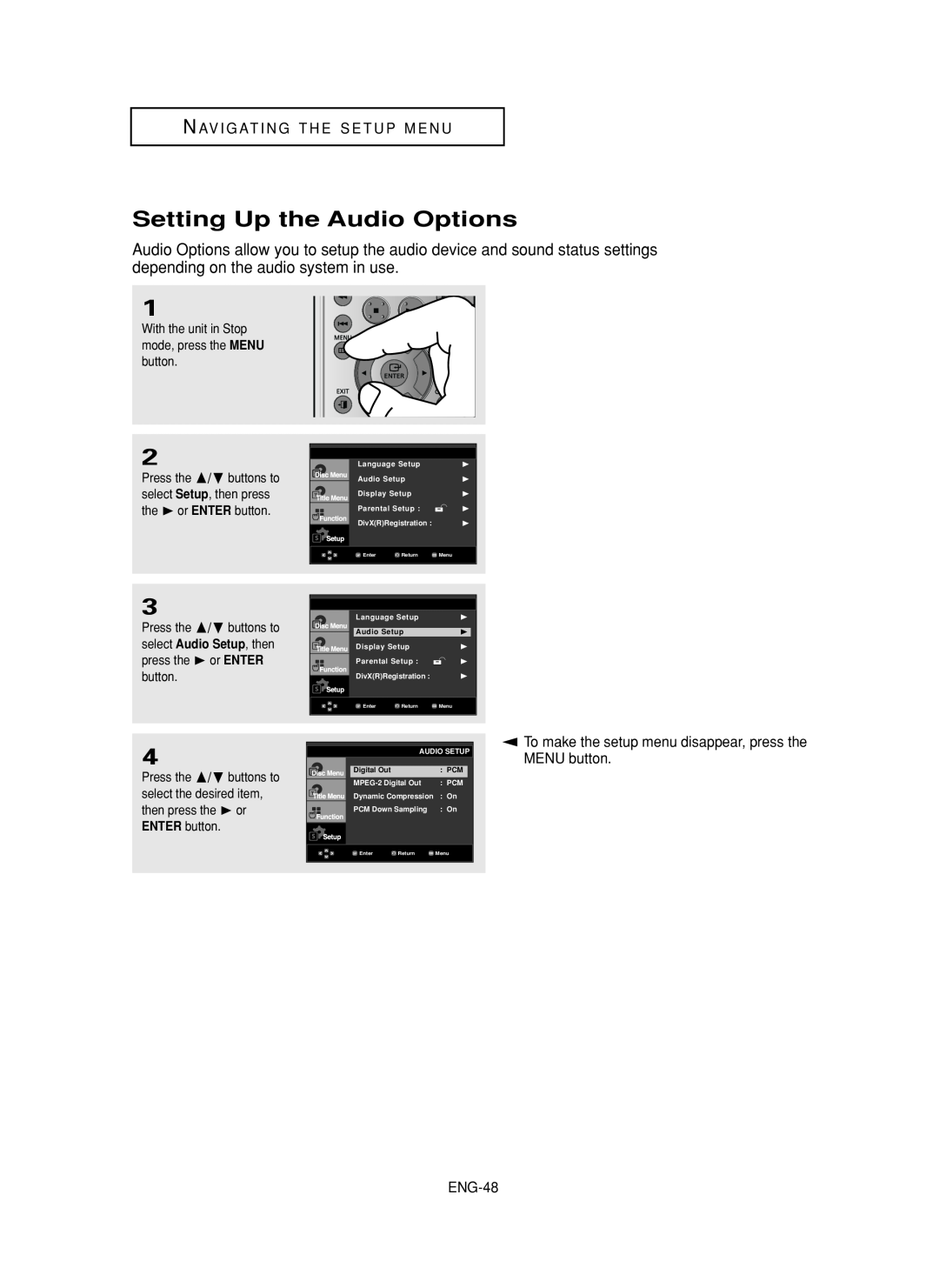 Samsung DVD-FP580, DVD-F1080 manual Setting Up the Audio Options, Nav I G At I N G T H E S E T U P M E N U, ENG-48 