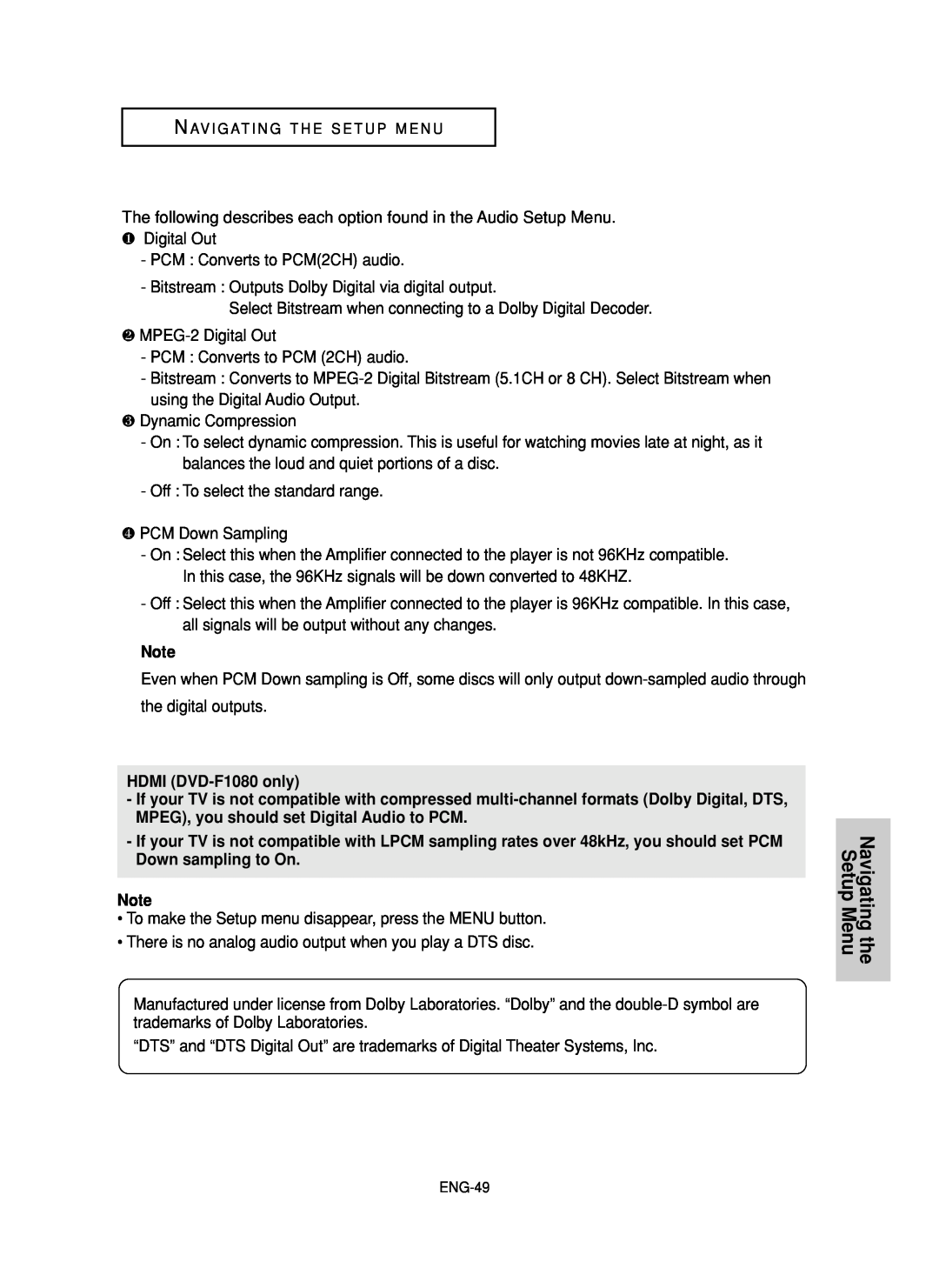 Samsung DVD-FP580 manual Navigating the Setup Menu, HDMI DVD-F1080 only 
