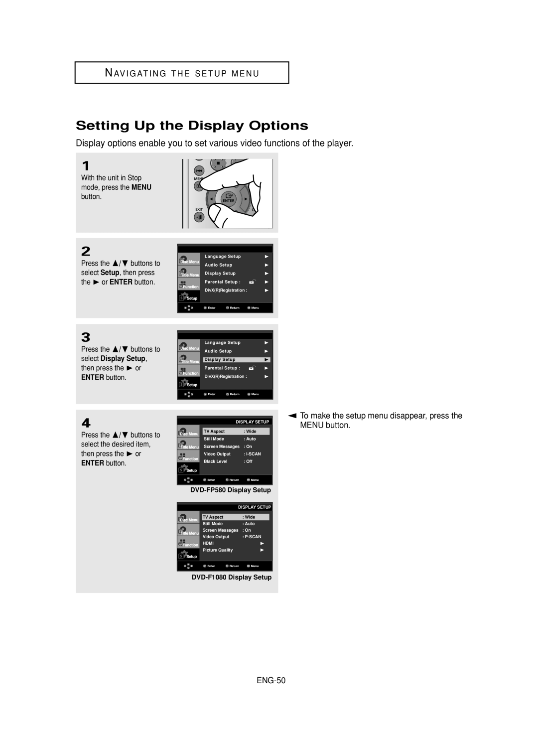Samsung DVD-FP580, DVD-F1080 manual Setting Up the Display Options, Nav I G At I N G T H E S E T U P M E N U, ENG-50 