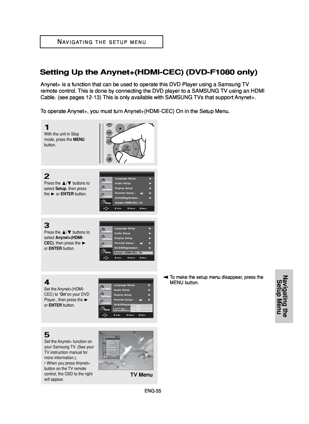 Samsung DVD-FP580 Setting Up the Anynet+HDMI-CEC DVD-F1080 only, N Av I G At I N G T H E S E T U P M E N U, ENG-55 