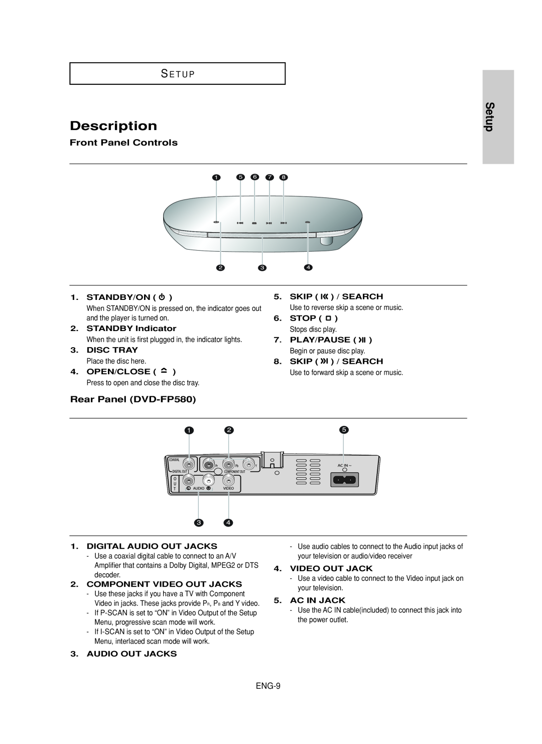 Samsung DVD-F1080 manual Description, Setup, S E T U P, Front Panel Controls, Rear Panel DVD-FP580, ENG-9 