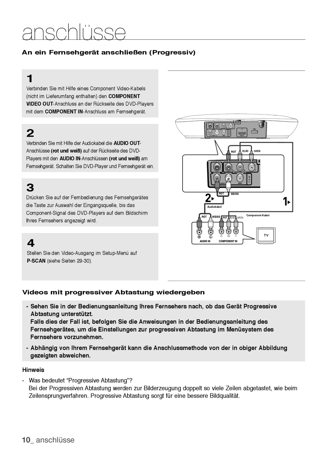 Samsung DVD-H1080/XET, DVD-H1080/EDC, DVD-H1080W/EDC, DVD-H1080W/XEE Anschlüsse, An ein Fernsehgerät anschließen Progressiv 