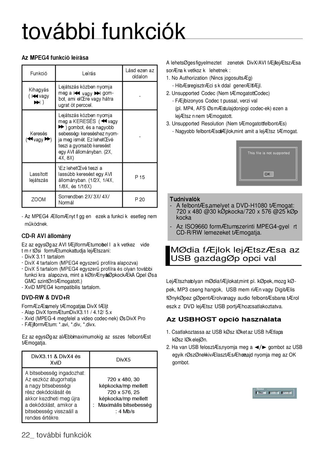 Samsung DVD-H1080/XET Média fájlok lejátszása az USB gazdagép opcióval, 22 további funkciók, Az MPEG4 funkció leírása 