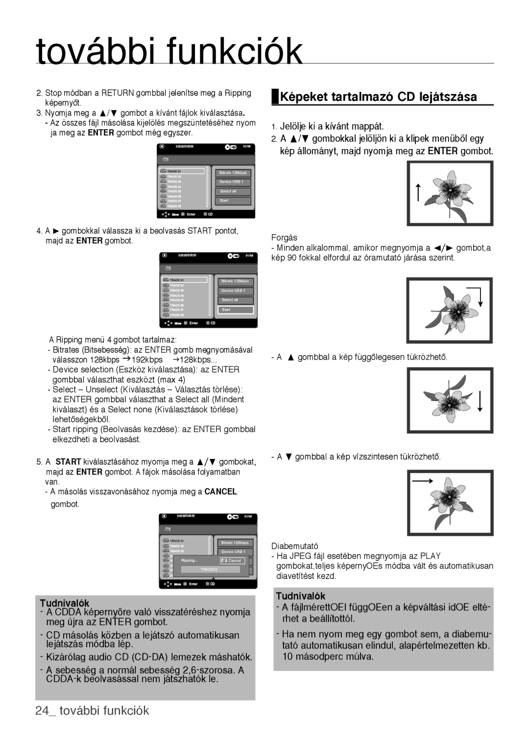 Samsung DVD-H1080/EDC manual Képeket tartalmazó CD lejátszása, 24 további funkciók, Ripping menü 4 gombot tartalmaz 