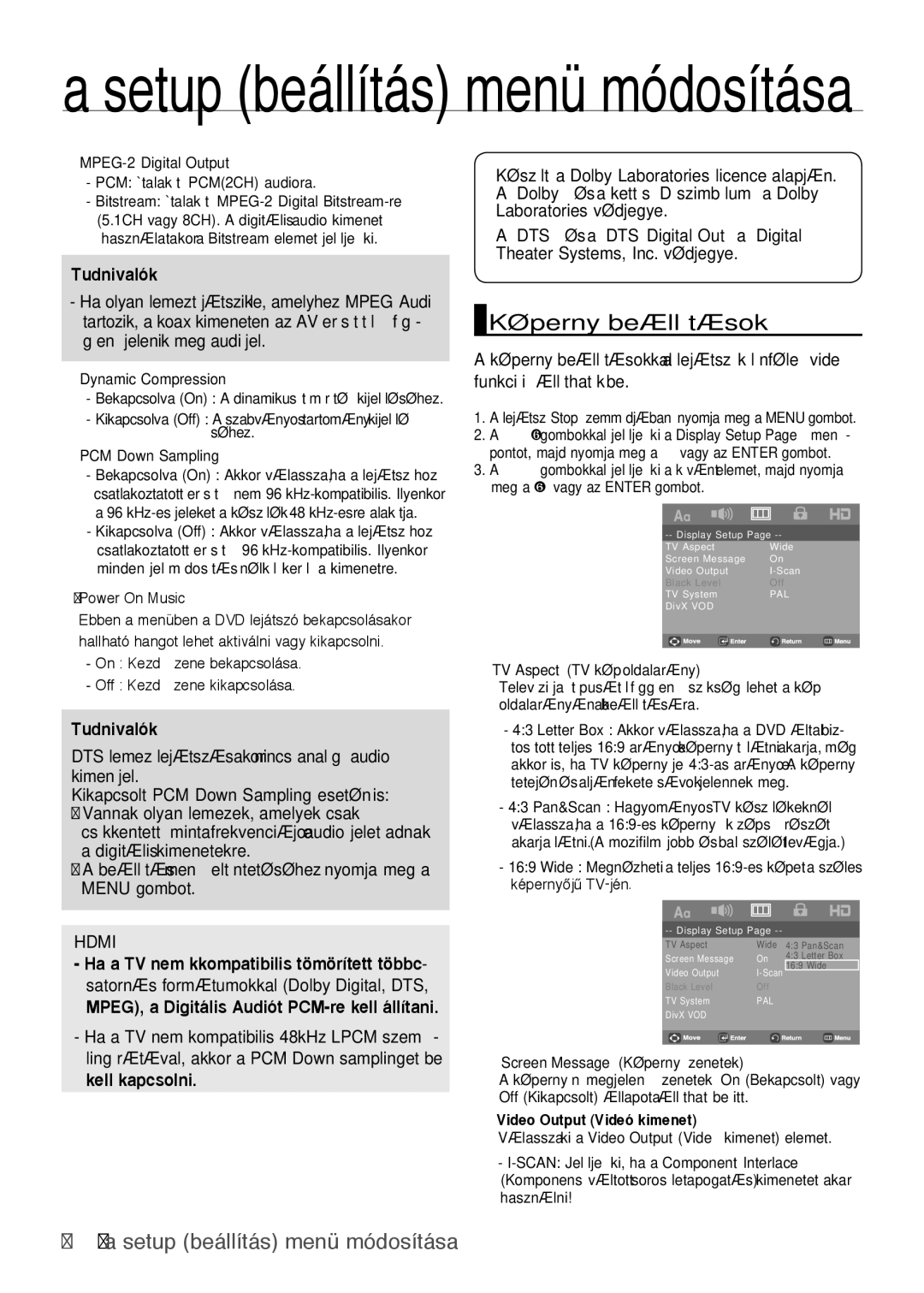 Samsung DVD-H1080/EDC, DVD-H1080W/EDC manual KépernyŒbeállítások, ❷ MPEG-2 Digital Output PCM Átalakít PCM2CH audiora 