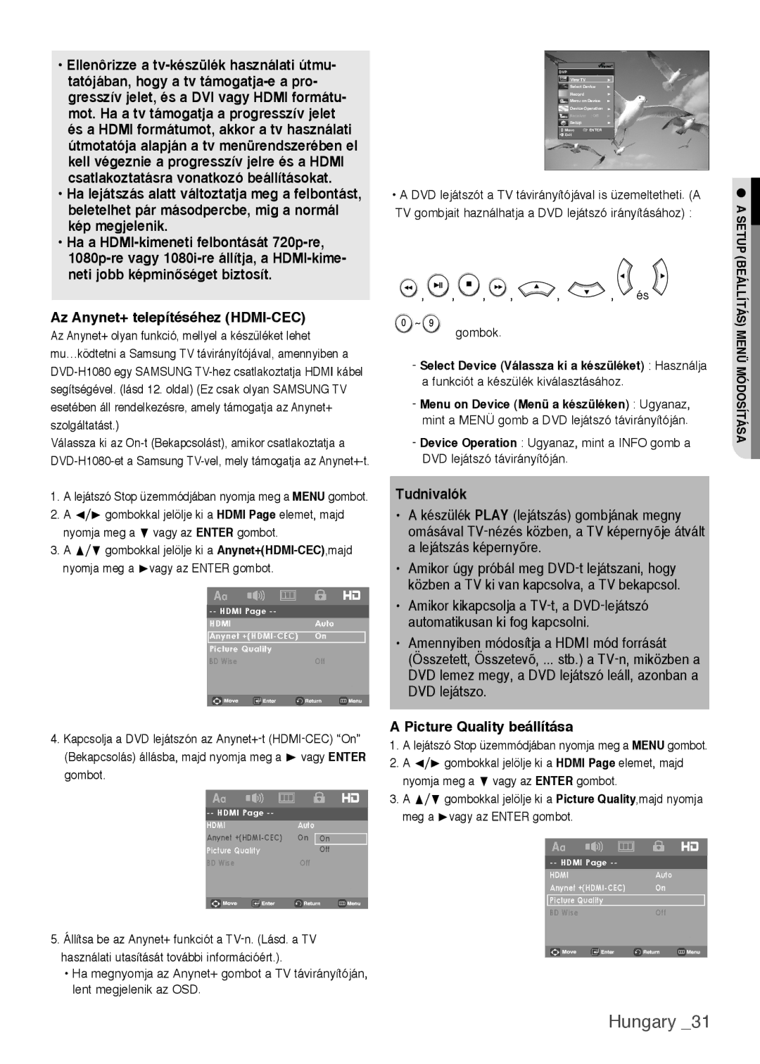 Samsung DVD-H1080W/XEE, DVD-H1080/EDC, DVD-H1080W/EDC Az Anynet+ telepítéséhez HDMI-CEC, Picture Quality beállítása, Gombok 