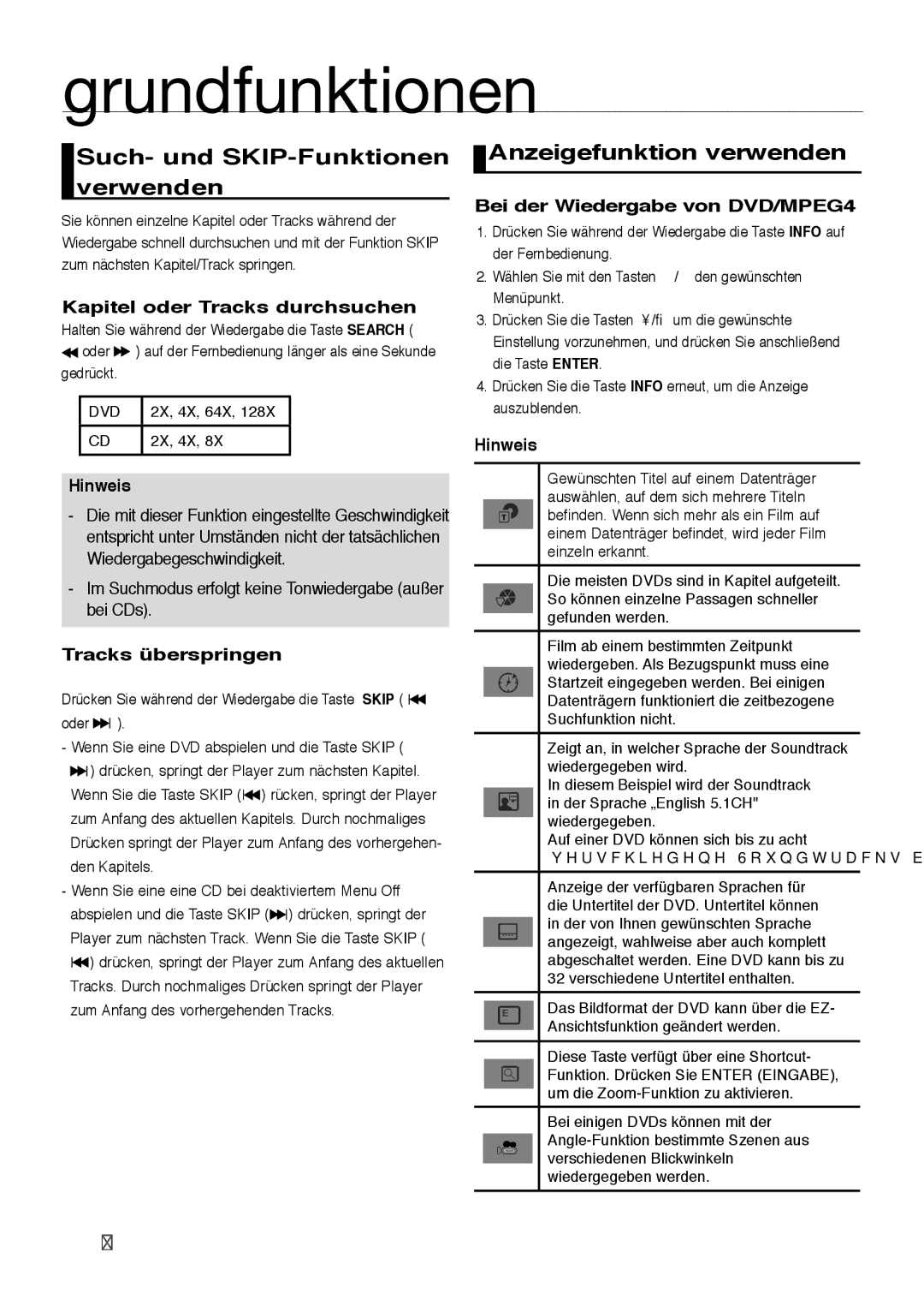 Samsung DVD-H1080/EDC Such- und SKIP-Funktionen verwenden, Anzeigefunktion verwenden, Kapitel oder Tracks durchsuchen 