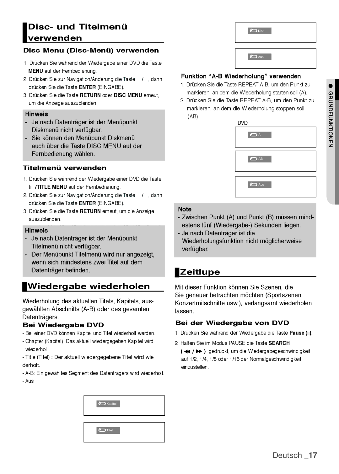 Samsung DVD-H1080W/EDC, DVD-H1080/EDC, DVD-H1080/XET manual Disc- und Titelmenü verwenden, Wiedergabe wiederholen, Zeitlupe 