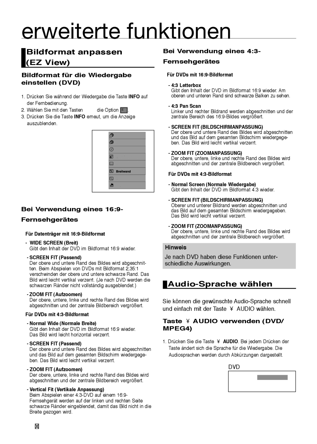 Samsung DVD-H1080/XET, DVD-H1080/EDC, DVD-H1080W/EDC, DVD-H1080W/XEE manual Bildformat anpassen EZ View, Audio-Sprache wählen 