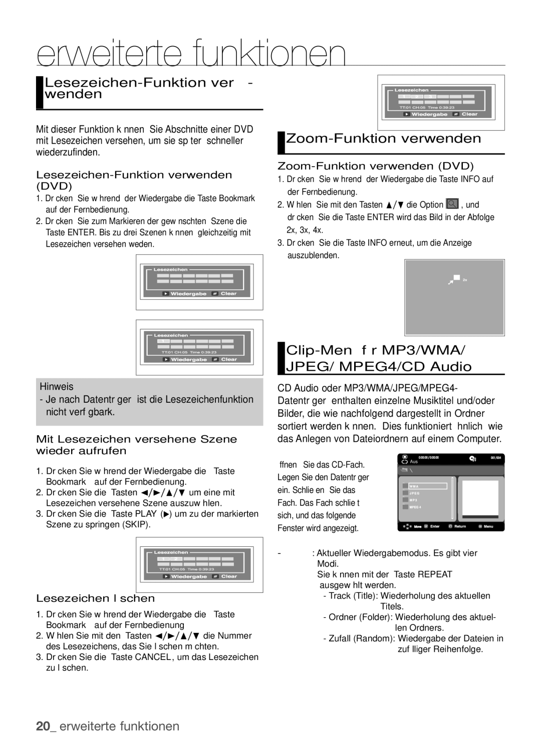 Samsung DVD-H1080/EDC, DVD-H1080W/EDC, DVD-H1080/XET manual Lesezeichen-Funktion ver- wenden, Zoom-Funktion verwenden 