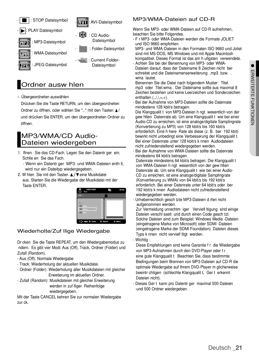 Samsung DVD-H1080W/EDC manual Ordner auswählen, MP3/WMA/CD Audio Dateien wiedergeben, Wiederholte/Zufällige Wiedergabe 