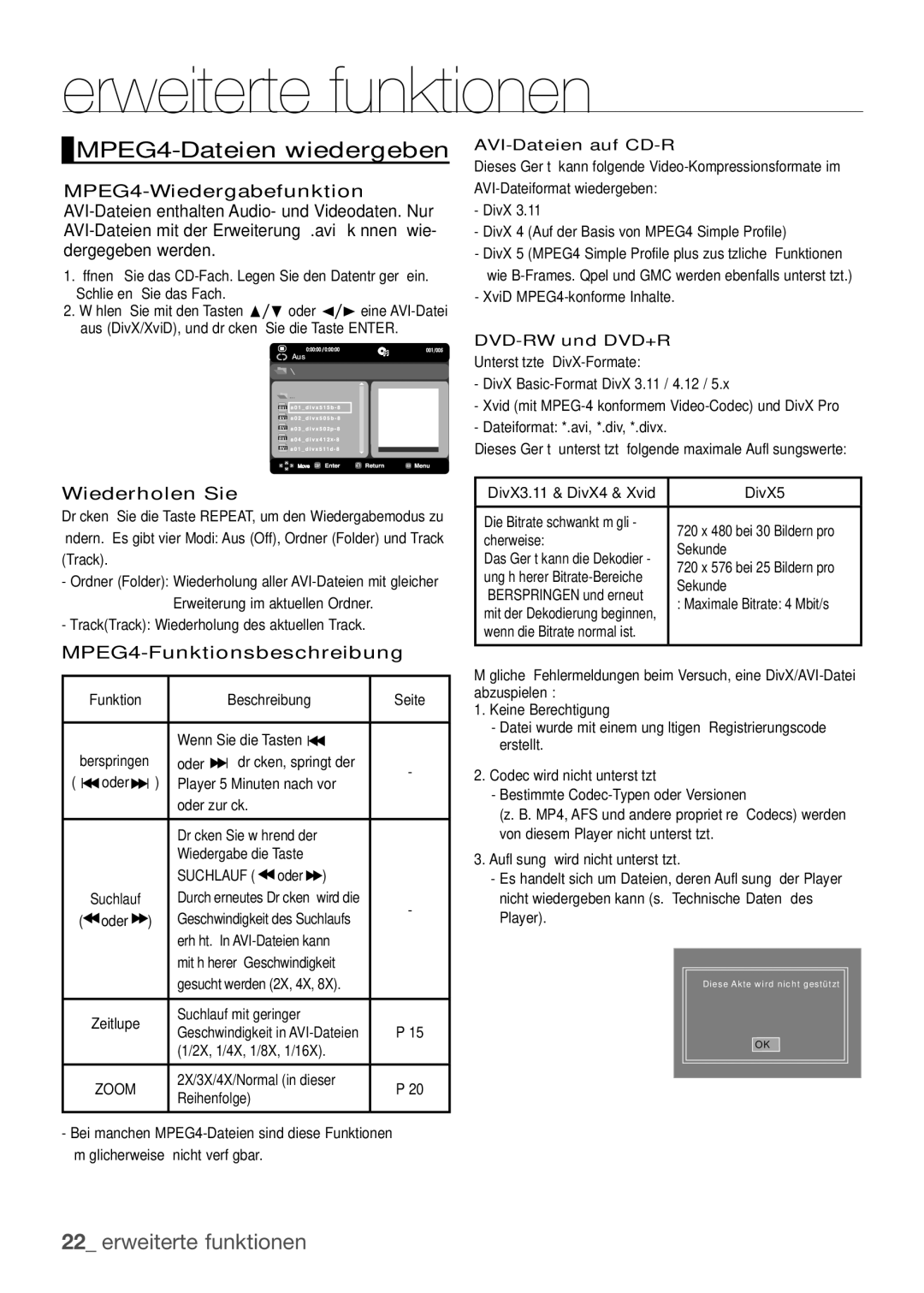 Samsung DVD-H1080/XET manual MPEG4-Dateien wiedergeben, Wiederholen Sie, MPEG4-Funktionsbeschreibung, AVI-Dateien auf CD-R 