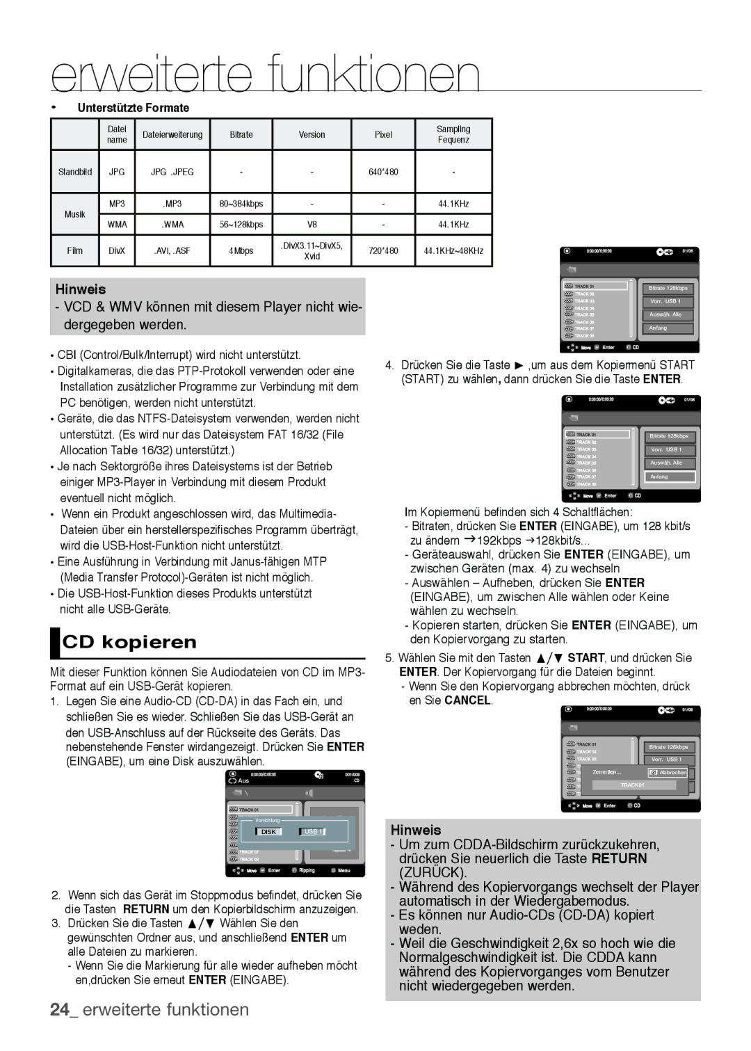 Samsung DVD-H1080/EDC, DVD-H1080W/EDC CD kopieren, Unterstützte Formate, CBI Control/Bulk/Interrupt wird nicht unterstützt 