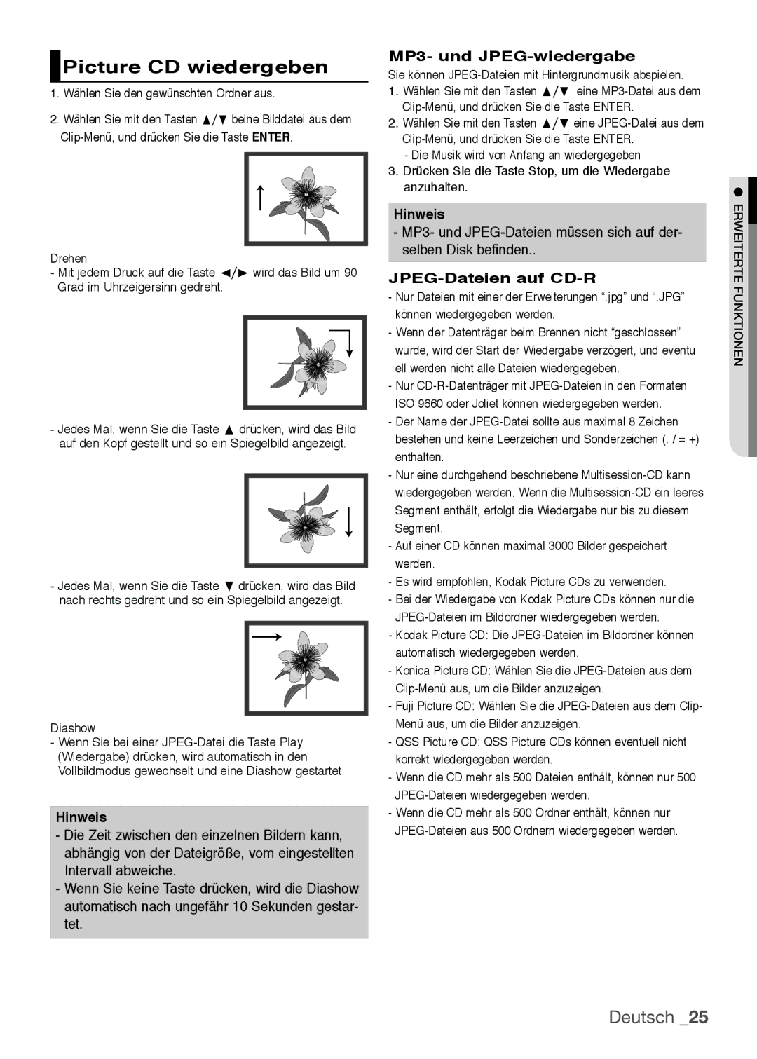 Samsung DVD-H1080W/EDC, DVD-H1080/EDC Picture CD wiedergeben, MP3- und JPEG-wiedergabe, JPEG-Dateien auf CD-R, Diashow 