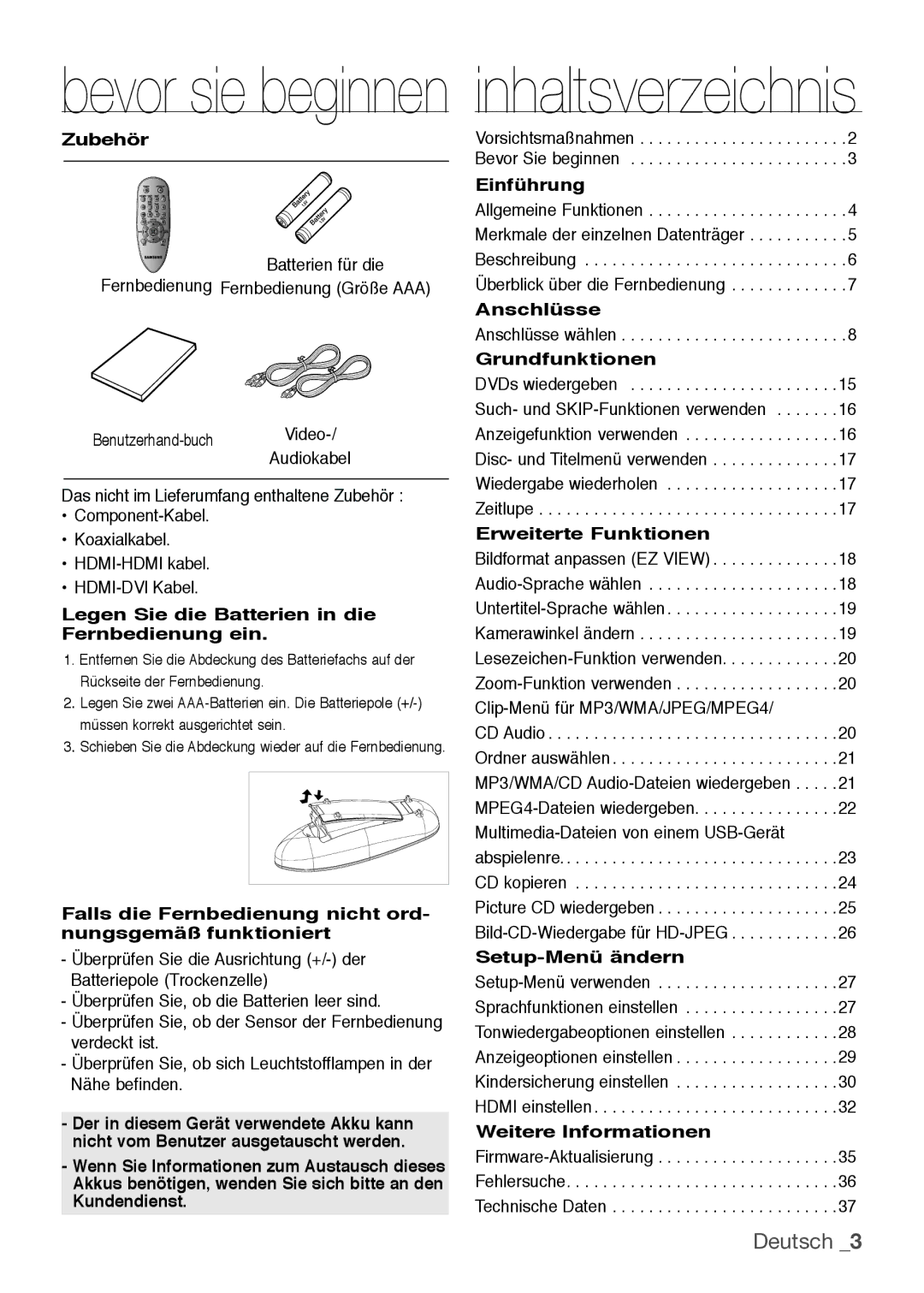 Samsung DVD-H1080W/XEE Zubehör, Legen Sie die Batterien in die Fernbedienung ein, Einführung, Anschlüsse, Grundfunktionen 