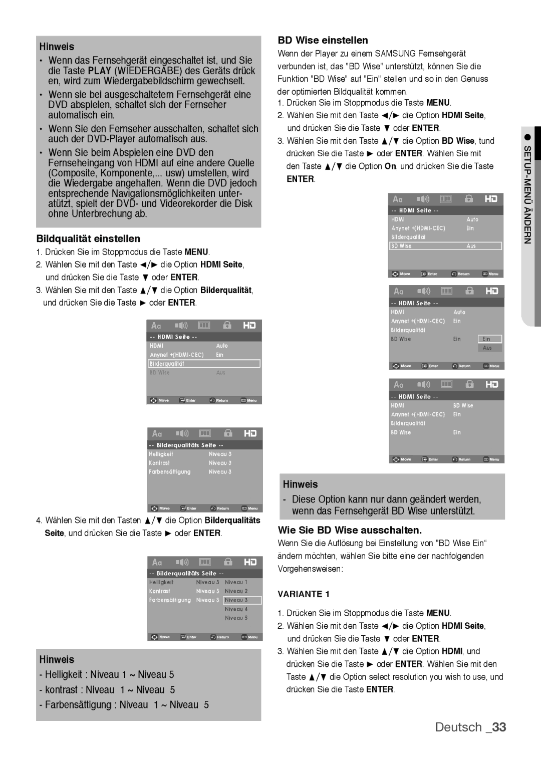 Samsung DVD-H1080W/EDC, DVD-H1080/EDC manual Bildqualität einstellen, BD Wise einstellen, Wie Sie BD Wise ausschalten 