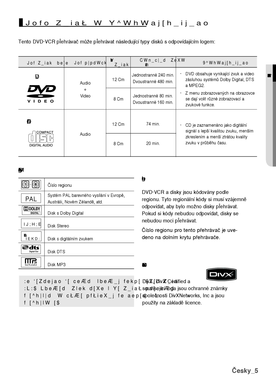 Samsung DVD-H1080/XET, DVD-H1080/EDC manual Typy diskÛ a charakteristiky, Disc Markings, Certifikace DivX, Nastavení 