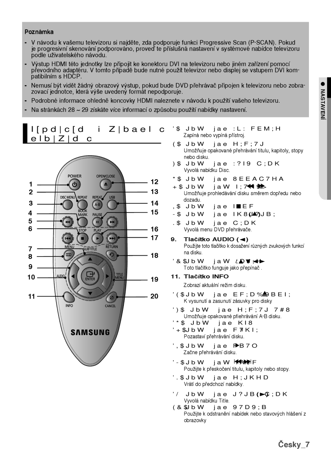 Samsung DVD-H1080/EDC, DVD-H1080W/EDC, DVD-H1080/XET, DVD-H1080W/XEE manual Seznámení s dálkov˘m ovládáním, Poznámka 