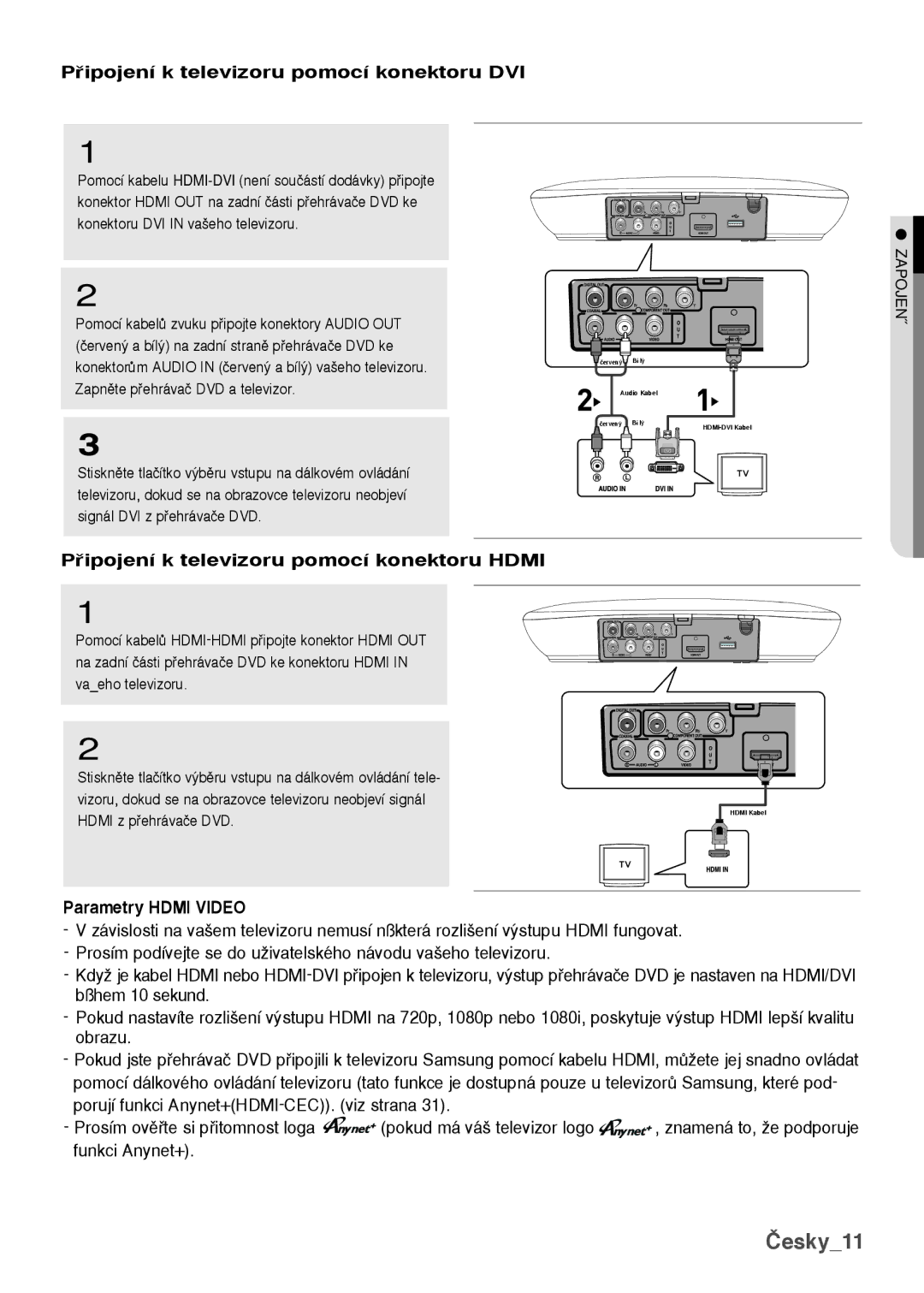 Samsung DVD-H1080/EDC manual ipojení k televizoru pomocí konektoru DVI, ipojení k televizoru pomocí konektoru Hdmi 