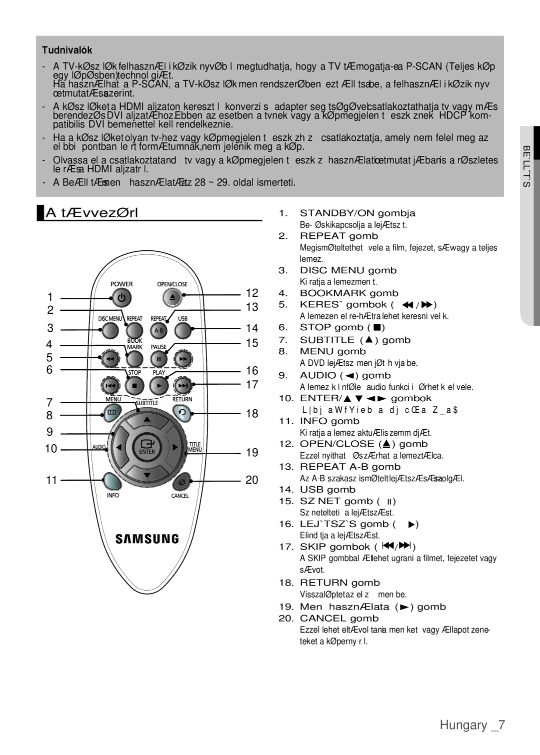 Samsung DVD-H1080W/XEE, DVD-H1080/EDC, DVD-H1080W/EDC, DVD-H1080/XET manual TávvezérlŒ 