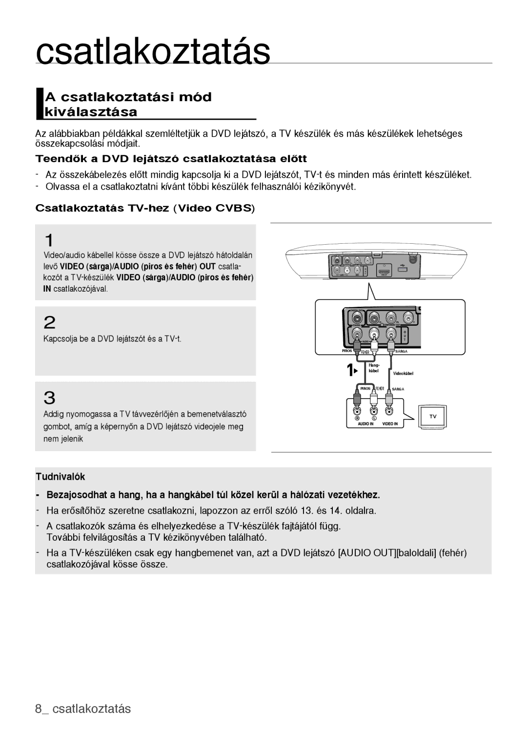 Samsung DVD-H1080/EDC Csatlakoztatási mód kiválasztása,  csatlakoztatás, TeendŒk a DVD lejátszó csatlakoztatása elŒtt 