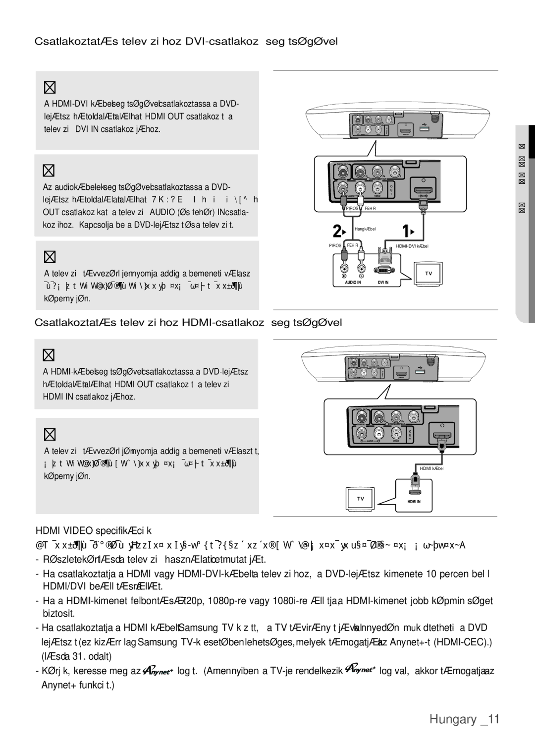 Samsung DVD-H1080W/XEE manual Hungary, Csatlakoztatás televízióhoz DVI-csatlakozó segítségével, Hdmi Video specifikációk 