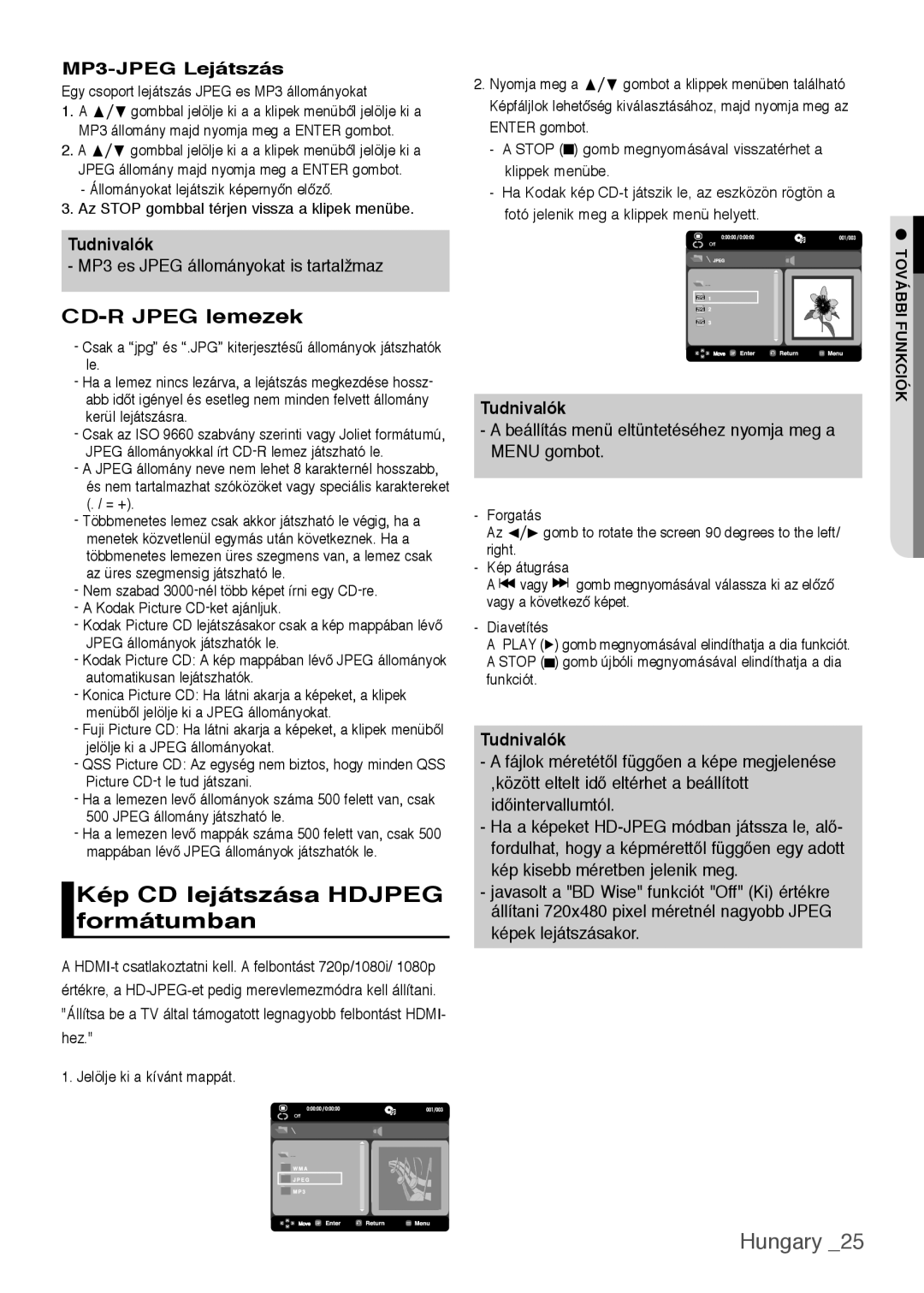 Samsung DVD-H1080W/EDC, DVD-H1080/EDC manual Kép CD lejátszása HDJPEG formátumban, Hungary, MP3-JPEG Lejátszás, Tudnivalók 