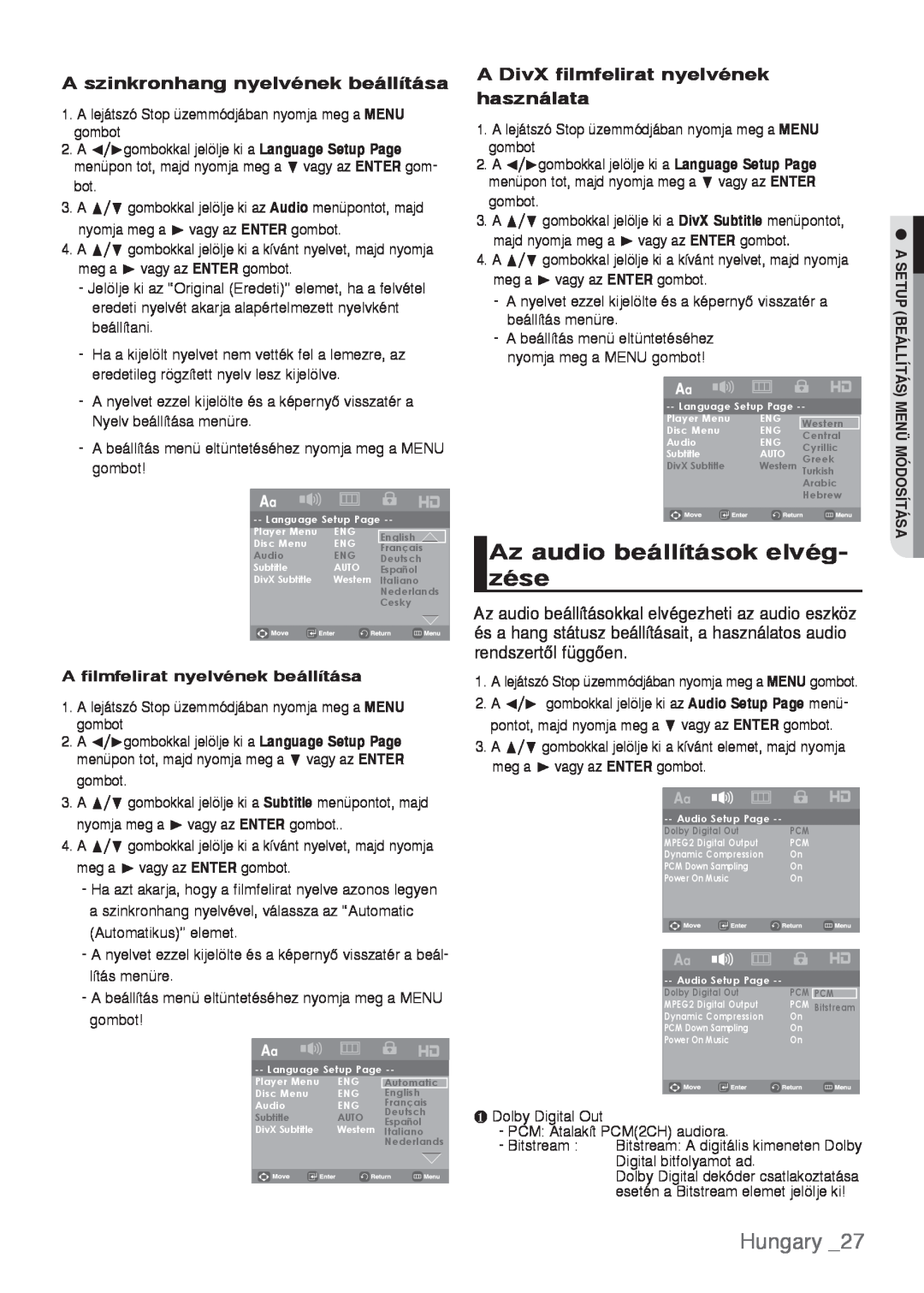 Samsung DVD-H1080W/XEE, DVD-H1080/EDC manual Az audio beállítások elvég- zése, Hungary, A szinkronhang nyelvének beállítása 