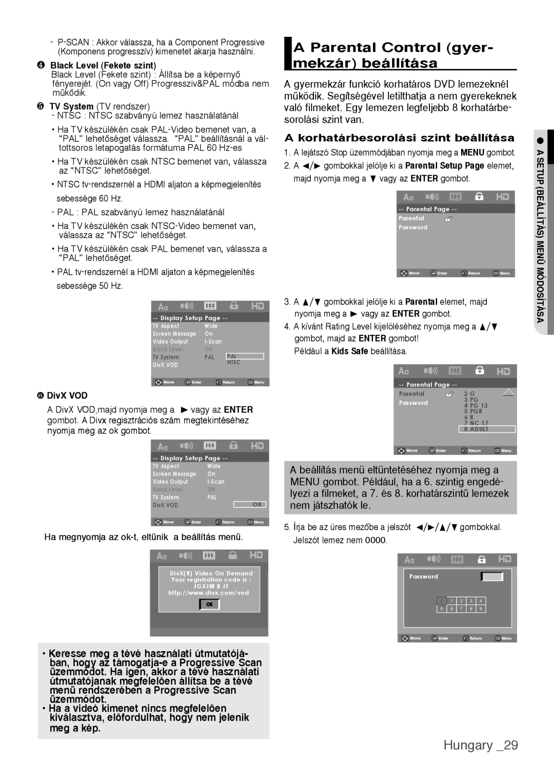Samsung DVD-H1080W/EDC manual A Parental Control gyer- mekzár beállítása, Hungary, A korhatárbesorolási szint beállítása 
