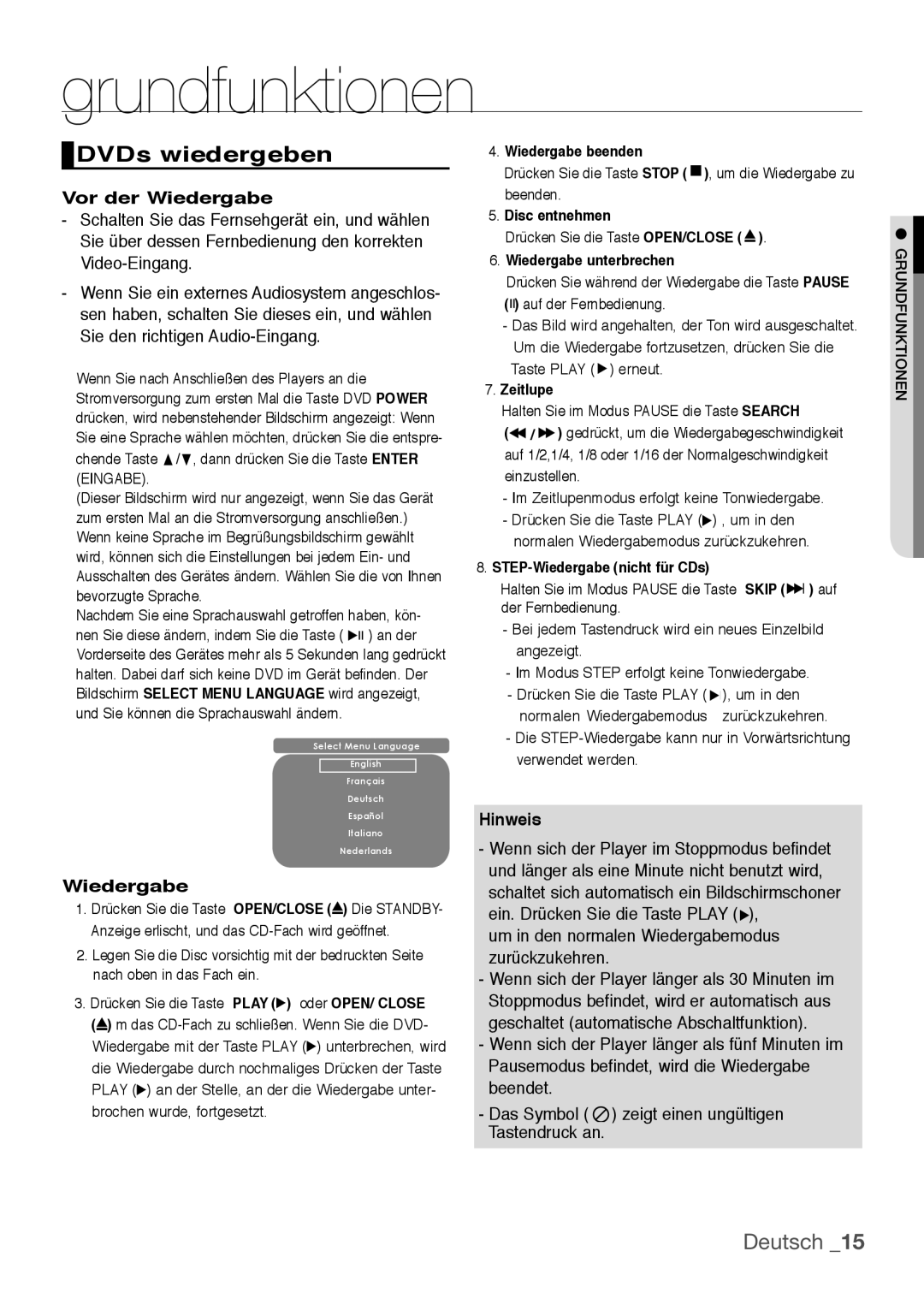Samsung DVD-H1080W/XEE, DVD-H1080/EDC manual grundfunktionen, DVDs wiedergeben, Deutsch, Vor der Wiedergabe, Hinweis 