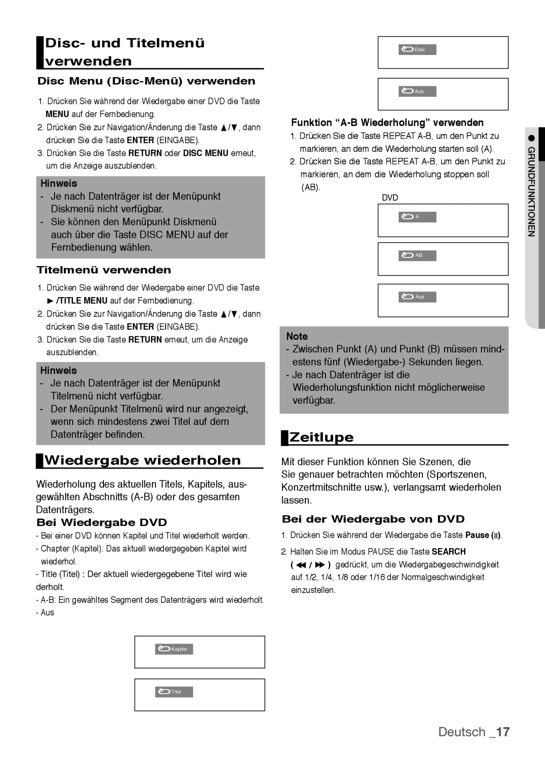 Samsung DVD-H1080W/EDC, DVD-H1080/EDC Disc- und Titelmenü verwenden, Wiedergabe wiederholen, Zeitlupe, Deutsch, Hinweis 