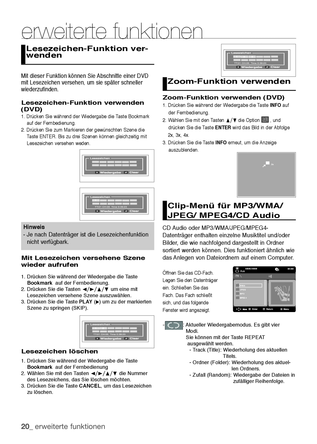 Samsung DVD-H1080/EDC manual Lesezeichen-Funktion ver- wenden, Zoom-Funktion verwenden, erweiterte funktionen, Hinweis 