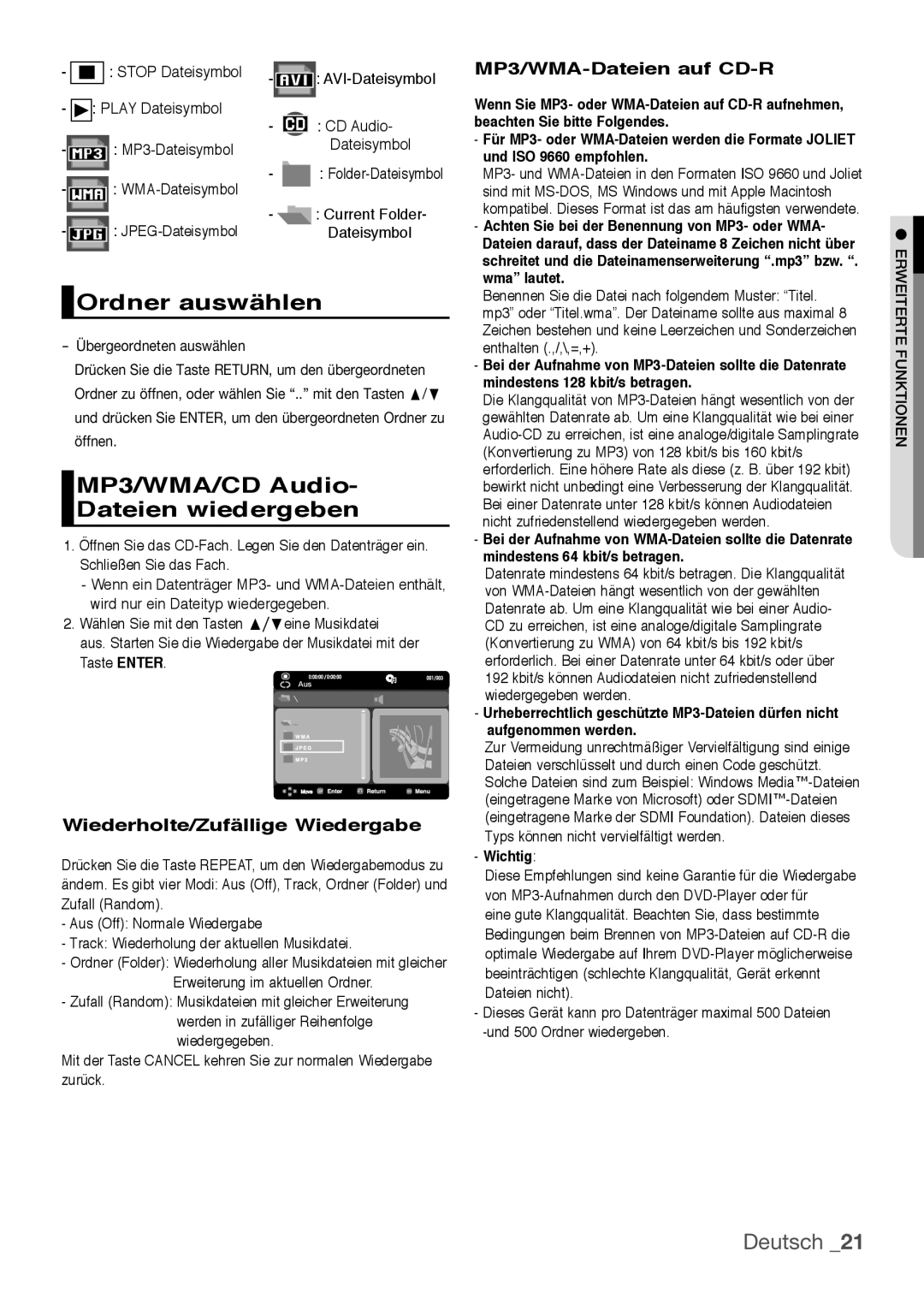 Samsung DVD-H1080W/EDC Ordner auswählen, MP3/WMA/CD Audio Dateien wiedergeben, Deutsch, Wiederholte/Zufällige Wiedergabe 