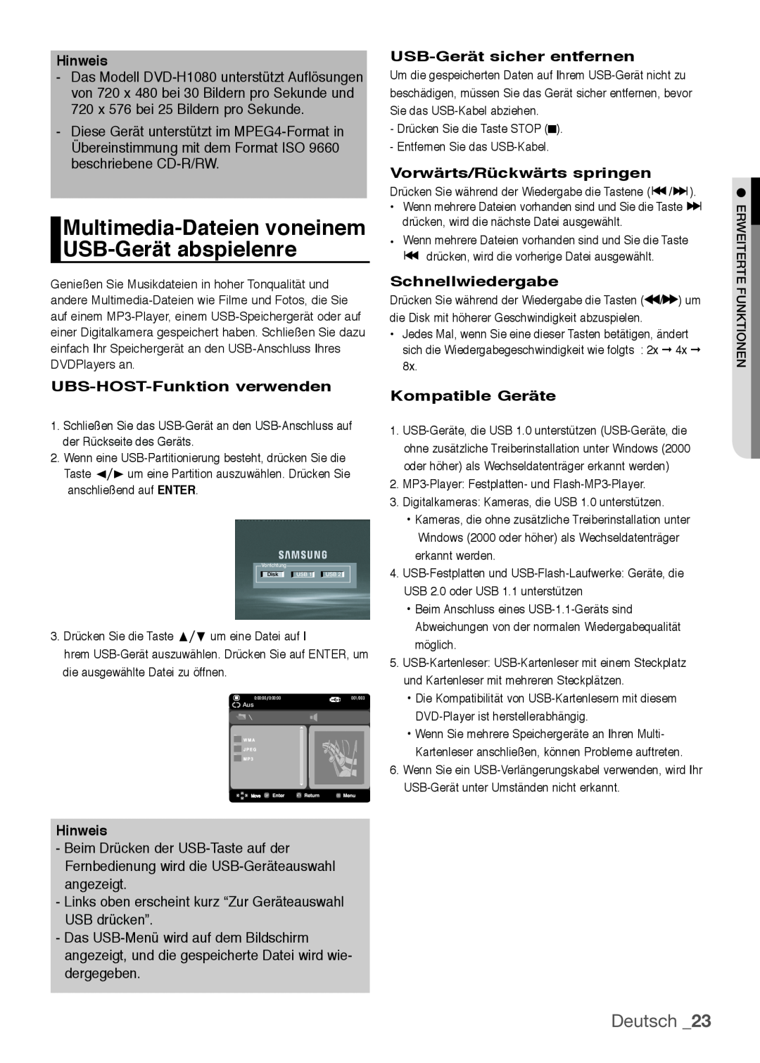Samsung DVD-H1080W/XEE Multimedia-Dateien voneinem USB-Gerät abspielenre, Deutsch, Hinweis, UBS-HOST-Funktion verwenden 