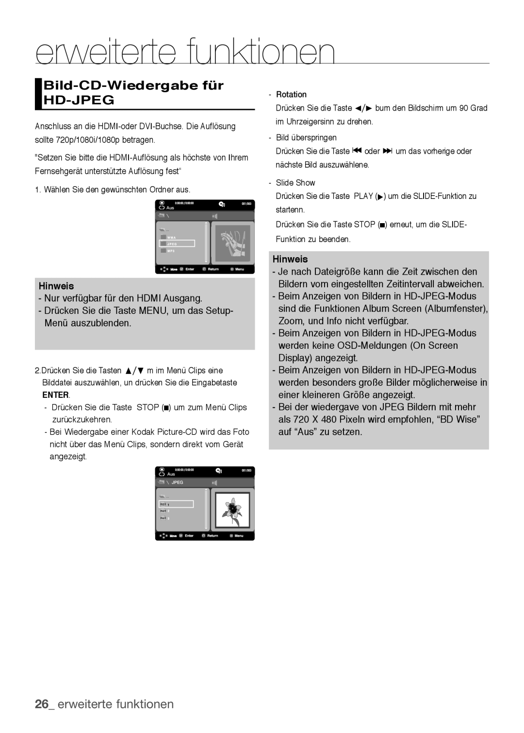 Samsung DVD-H1080/XET Bild-CD-Wiedergabe für HD-JPEG, erweiterte funktionen, Hinweis, Nur verfügbar für den HDMI Ausgang 