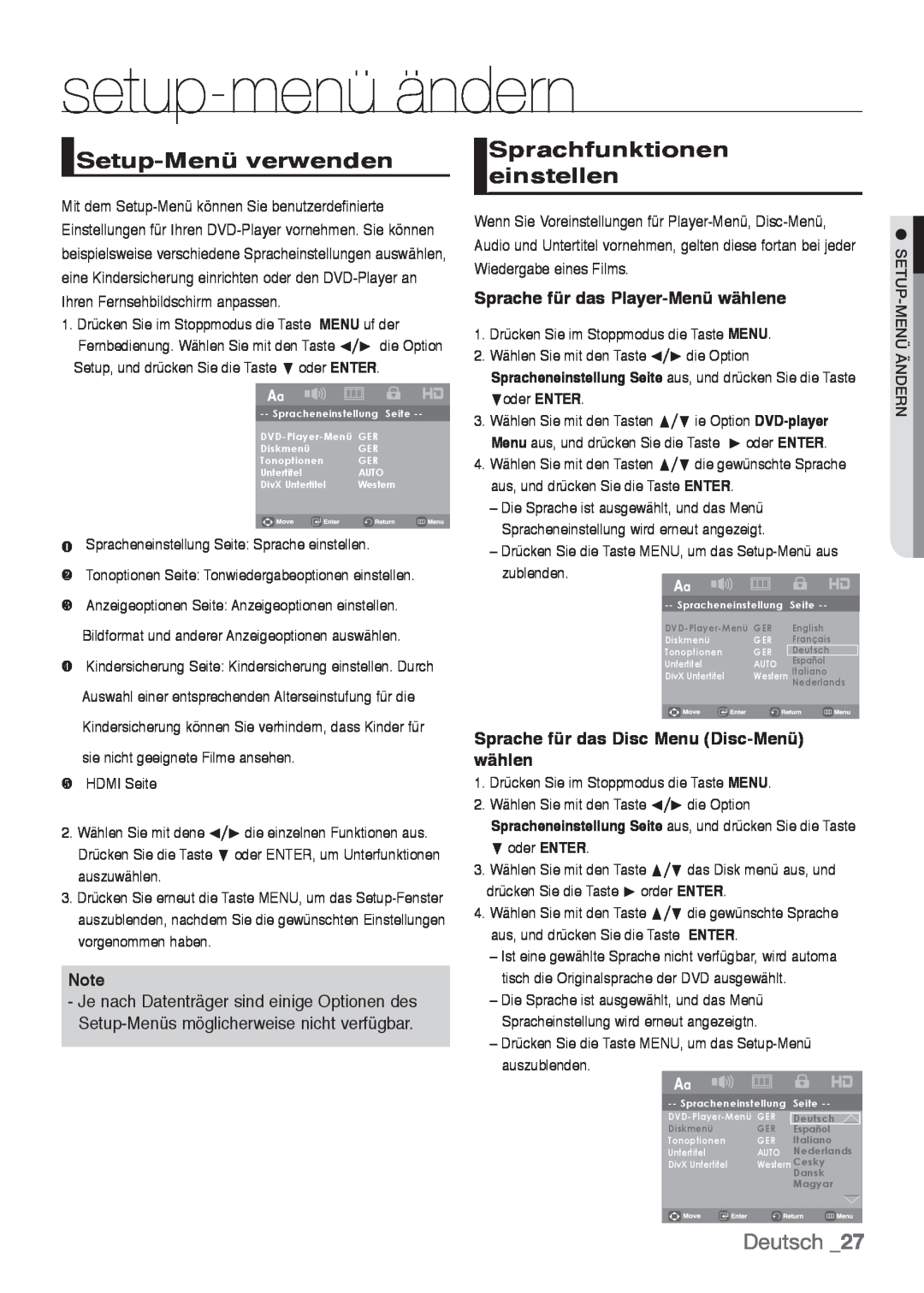 Samsung DVD-H1080W/XEE, DVD-H1080/EDC manual setup-menü ändern, Setup-Menü verwenden, Sprachfunktionen einstellen, Deutsch 