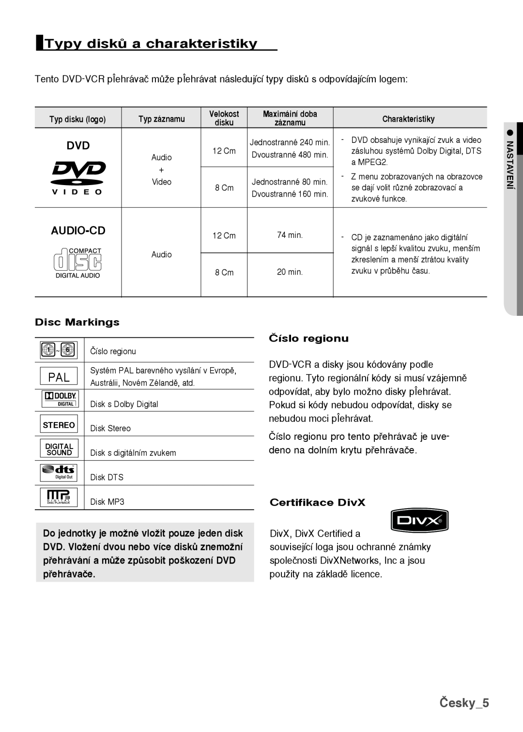 Samsung DVD-H1080/XET, DVD-H1080/EDC Typy diskÛ a charakteristiky, Česky, Disc Markings, âíslo regionu, Certifikace DivX 