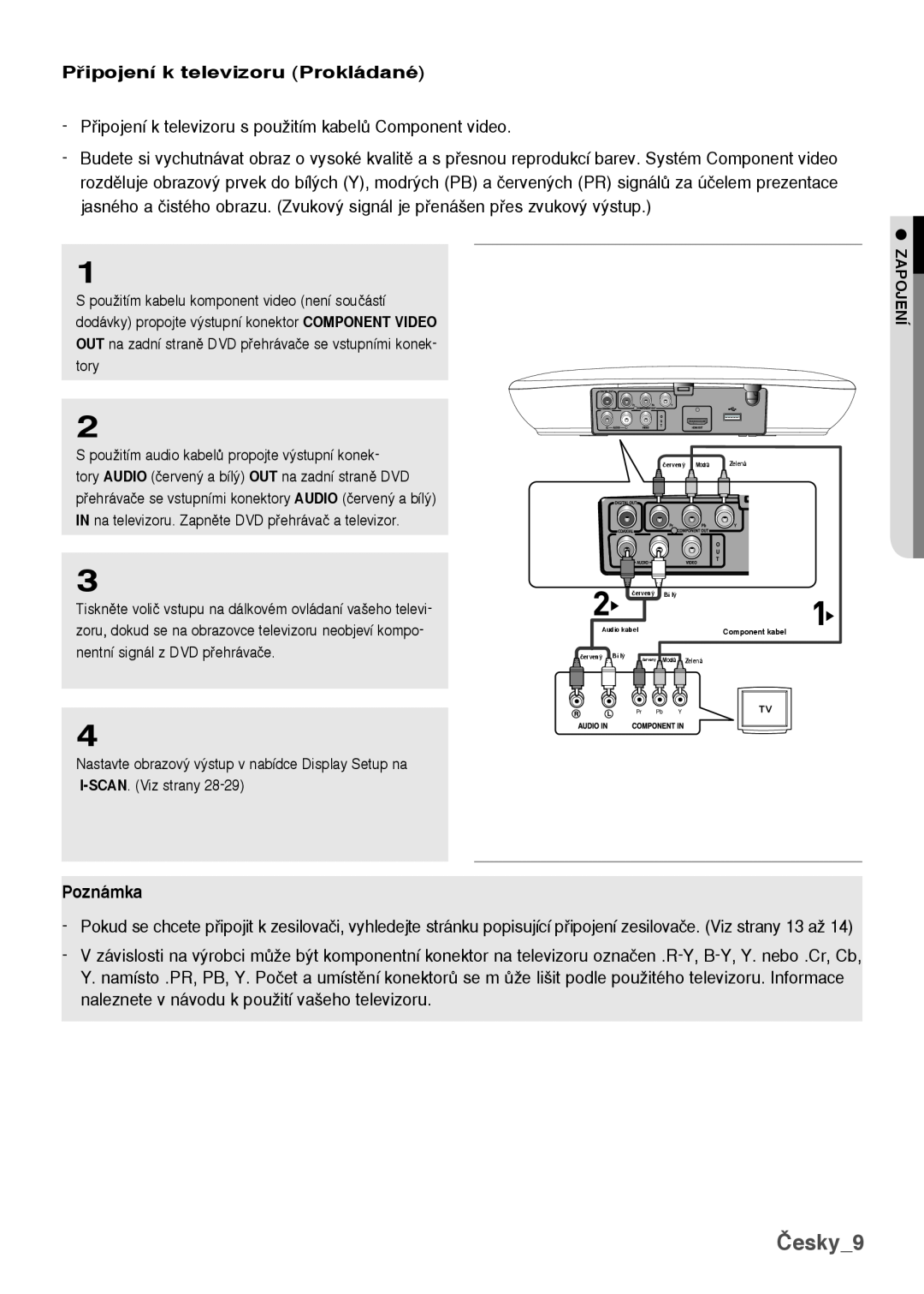 Samsung DVD-H1080/XET Česky, Pipojení k televizoru Prokládané, Pipojení k televizoru s pouÏitím kabelÛ Component video 