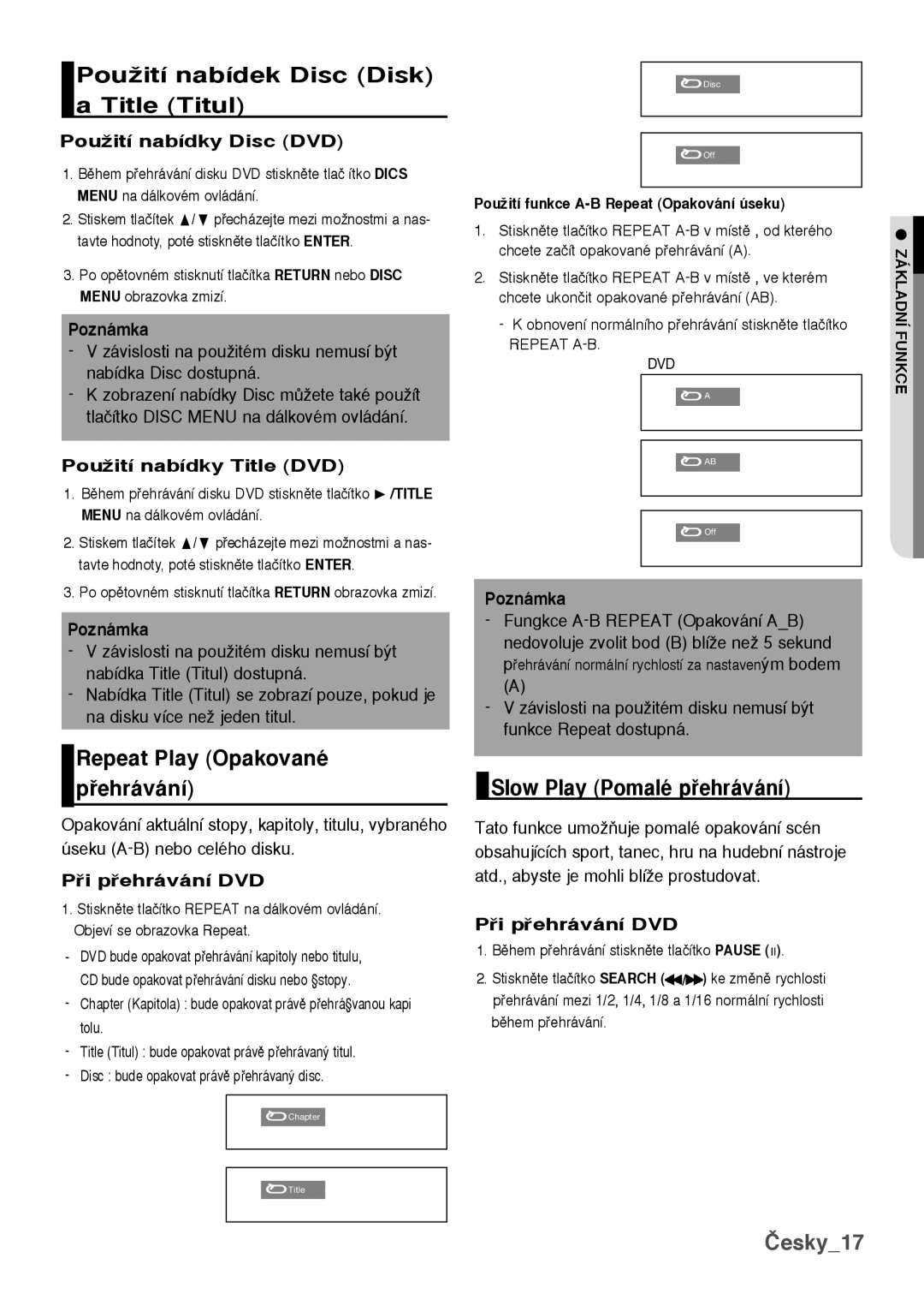 Samsung DVD-H1080/XET manual PouÏití nabídek Disc Disk a Title Titul, Repeat Play Opakované pehrávání, Česky17, Poznámka 