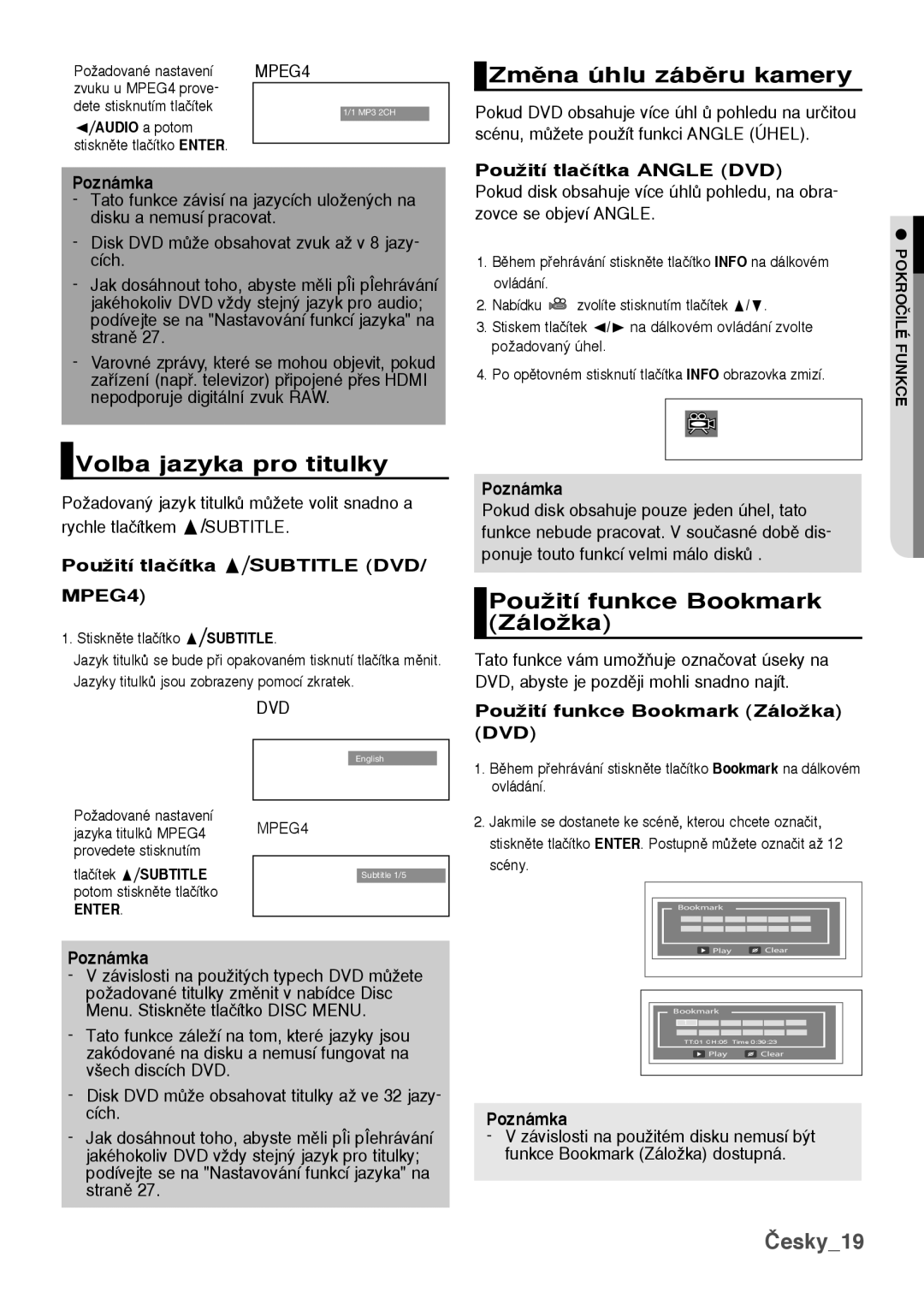 Samsung DVD-H1080/EDC manual Zmûna úhlu zábûru kamery, Volba jazyka pro titulky, PouÏití funkce Bookmark ZáloÏka, Česky19 
