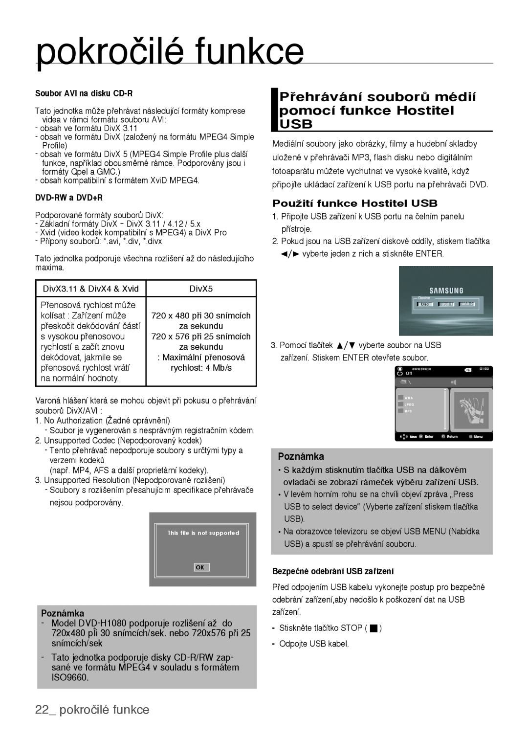 Samsung DVD-H1080W/XEE Pehrávání souborÛ médií pomocí funkce Hostitel USB, pokročilé funkce, PouÏití funkce Hostitel USB 