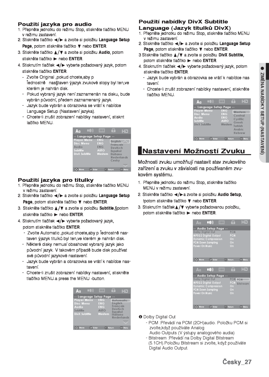 Samsung DVD-H1080/EDC manual Nastavení MoÏností Zvuku, Česky27, PouÏití jazyka pro audio, PouÏití jazyka pro titulky 