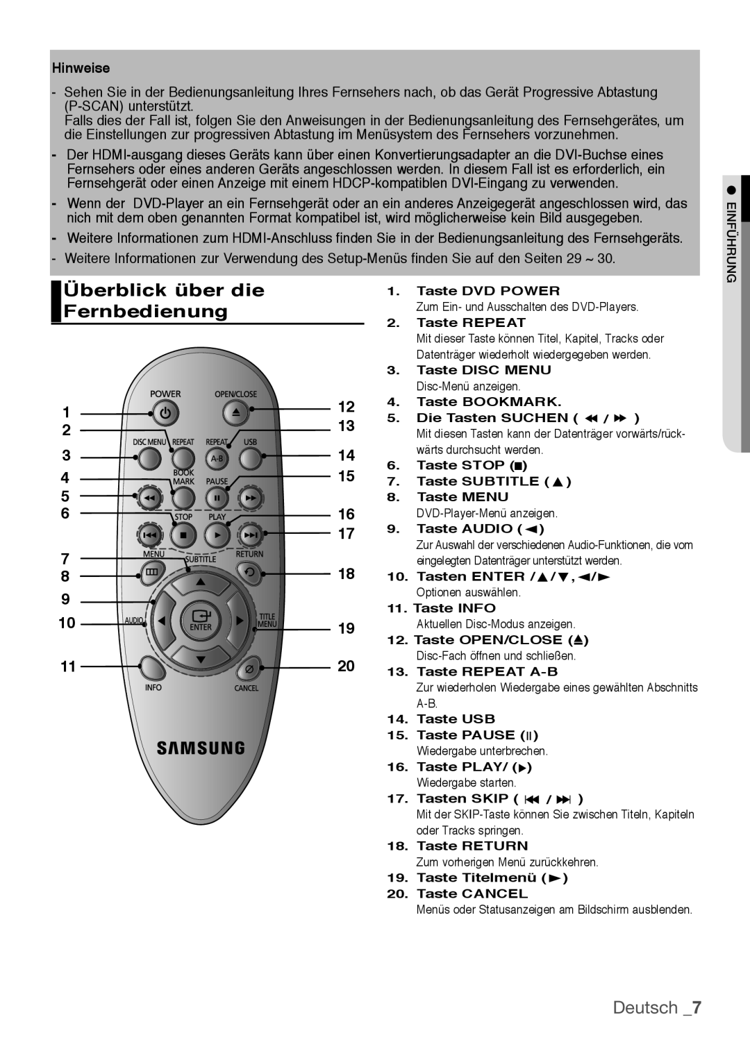 Samsung DVD-H1080W/XEE, DVD-H1080/EDC, DVD-H1080W/EDC, DVD-H1080/XET Überblick über die Fernbedienung, Deutsch , Hinweise 