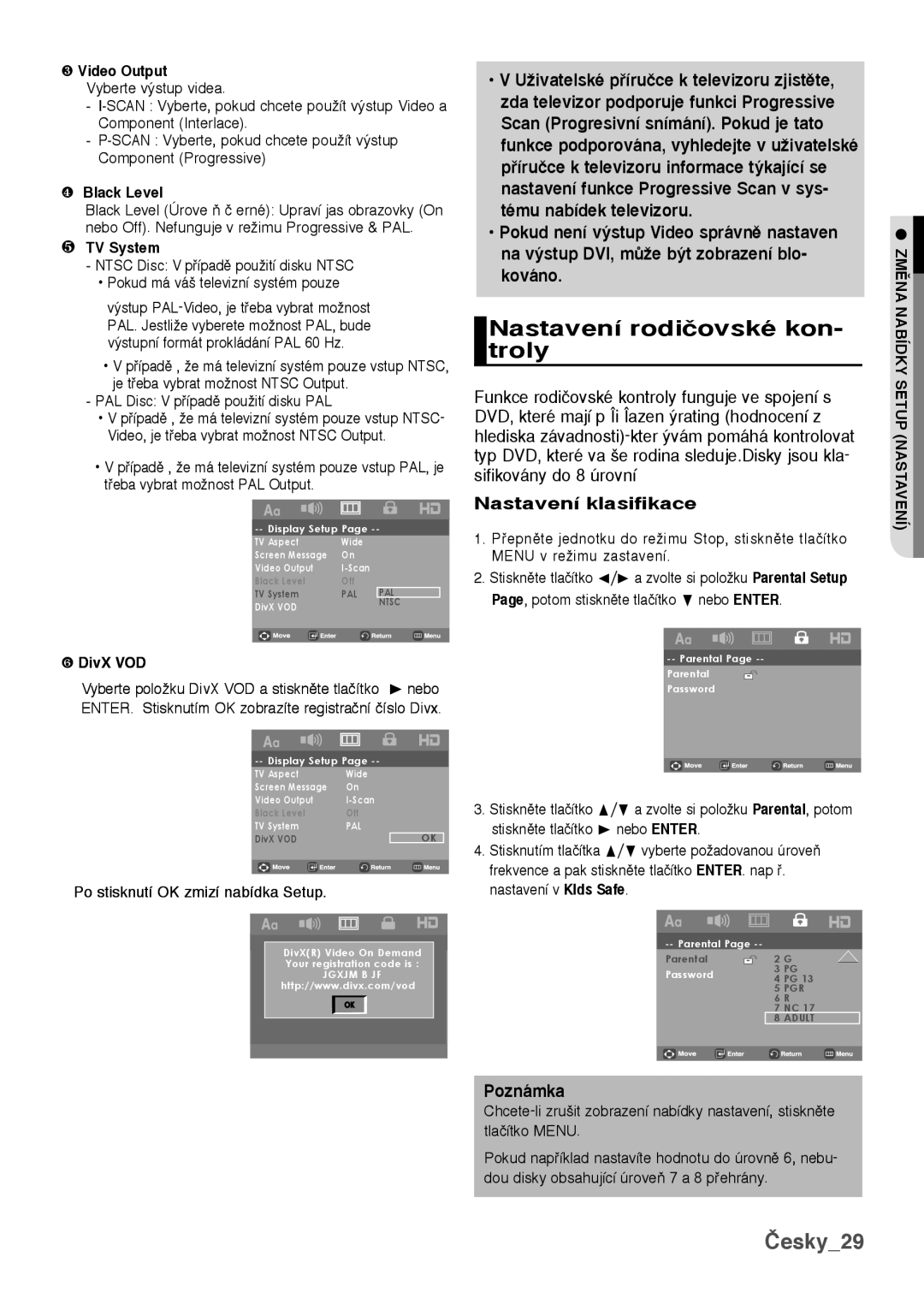 Samsung DVD-H1080/XET, DVD-H1080/EDC manual Nastavení rodiãovské kon- troly, Česky29, Nastavení klasifikace, Poznámka 